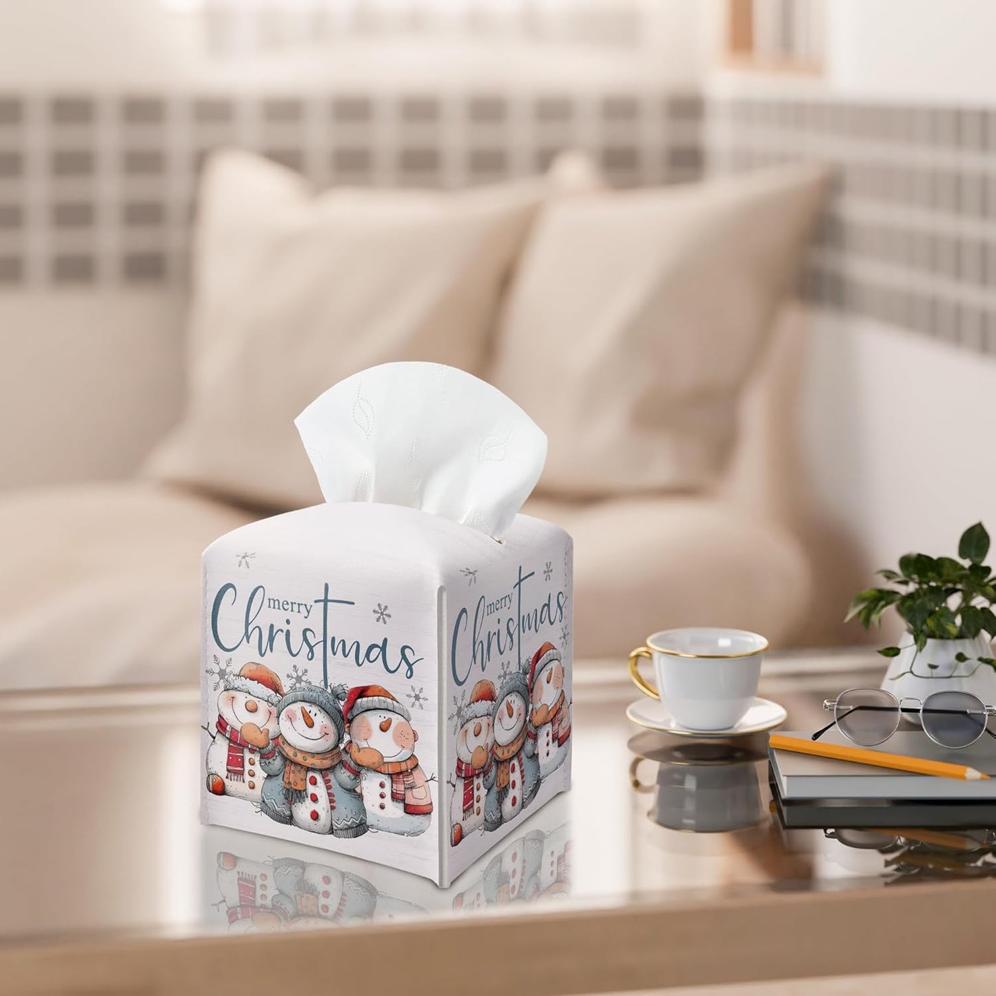 Christmas Snowman Tissue Box Holder, Cute Snowman Family Christmas Leather Tissue Box Cover Square, Paper Facial Decorative Tissues Cover for Night Stands Bathroom Office Home Decor-B03