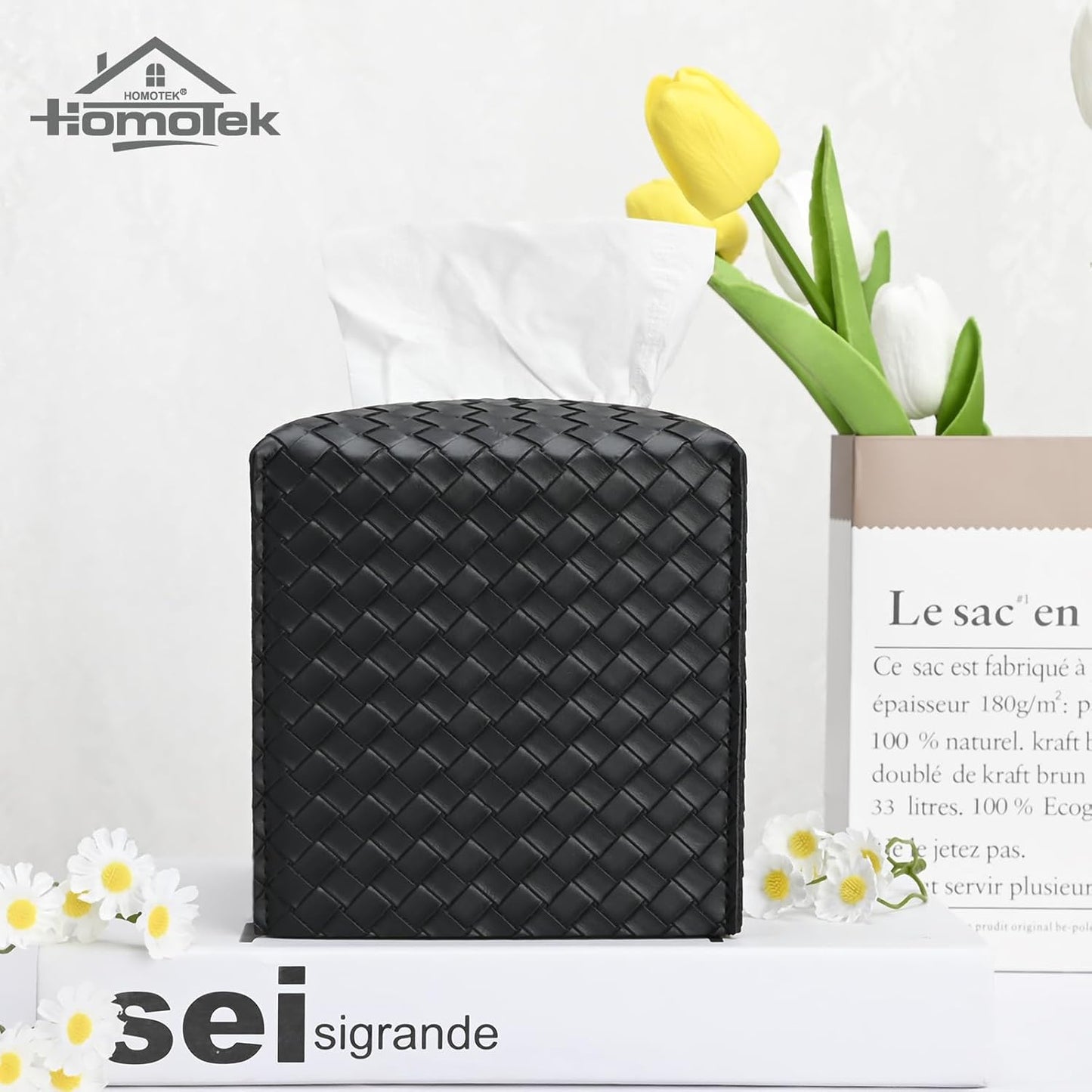 HOMOTEK 2 Pack Tissue Box Cover, Square PU Leather Tissue Holder, Decorative Facial Tissue Cube Paper Organizer Dispenser for Bathroom, Night Stands, Desk, Car 5X5X5'' - Woven Waffle,Dark Black