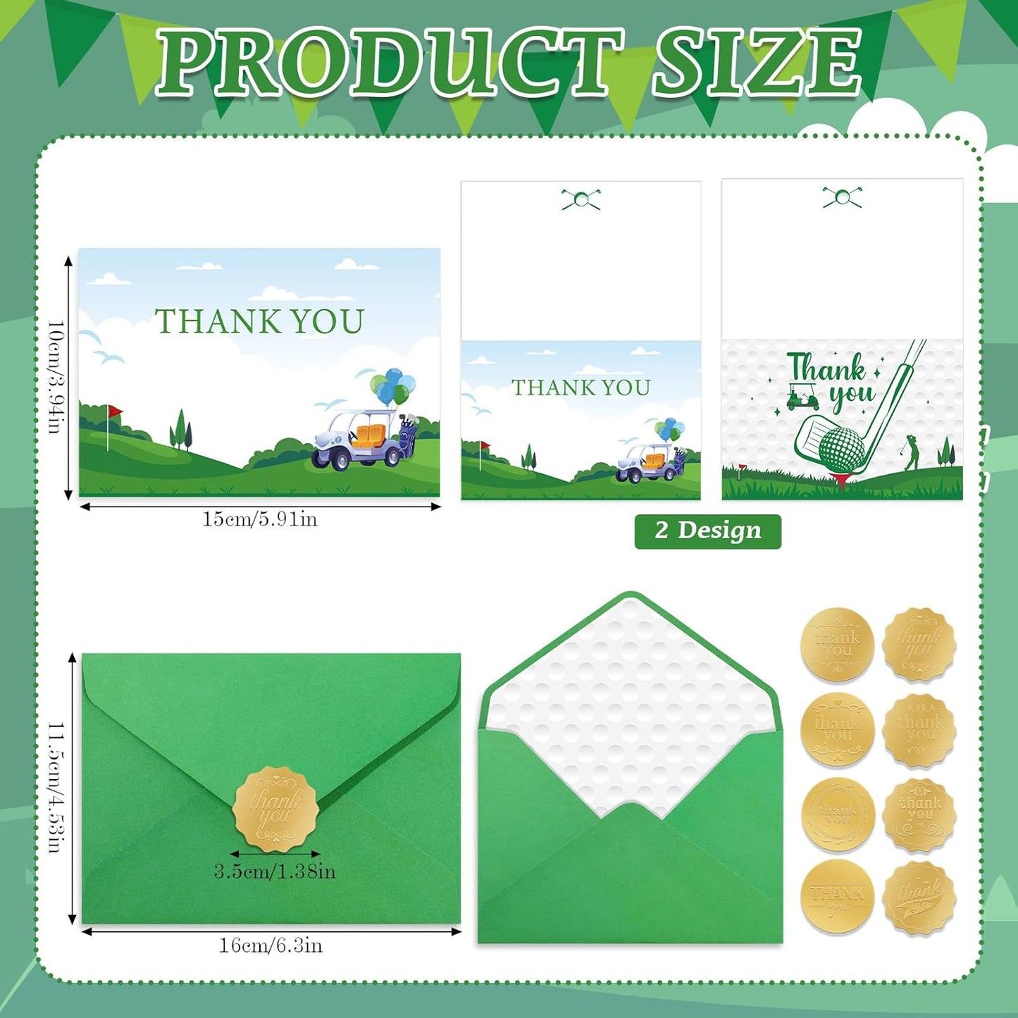 NEWEST 24 Pieces Golf Thank You Cards, 2 Design Golf Greeting Card with Envelopes & Stickers Green White Golf Blank Note Cards for Sports Theme Birthday Baby Shower Retirement Party Favors