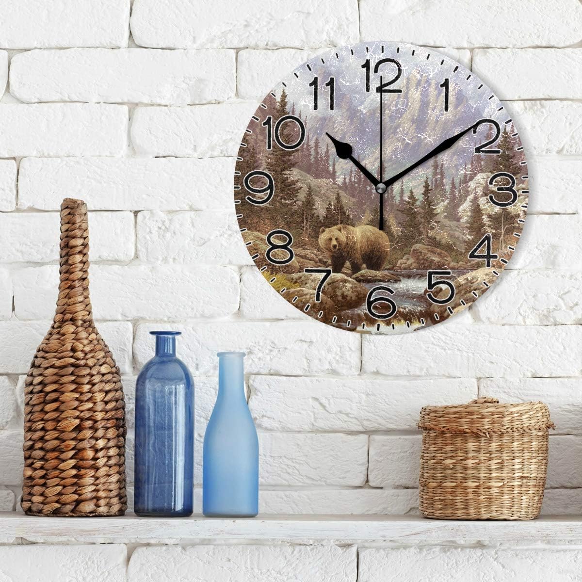 Grizzly Bear Wall Clock Battery Operated Non Ticking Silent Quartz Analog Rustic Farmhouse Round Clock Retro Decor for Home Kitchen Living Room Bathroom