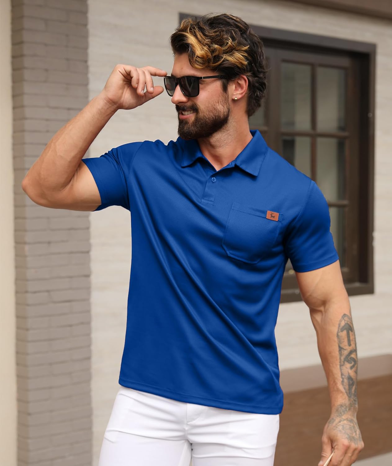 GEEK LIGHTING Mens Waffle Texture Polo Shirts Short Sleeve Casual T-Shirts Moisture Wicking Collared Golf Shirt with Pocket