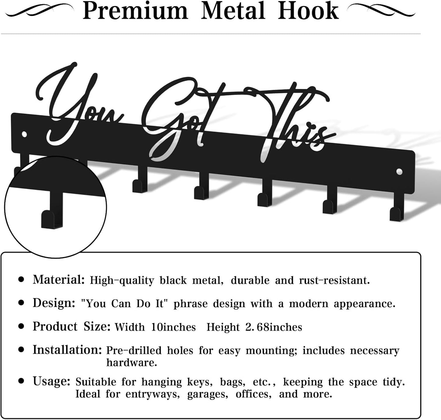 10 Inch Key Holder for Wall, Black Metal House Decoration Key Hooks, Phrase Style(You got This), Key Hanger Organizer with 7 Hooks, Suitable for Doors, Corridors, Living Rooms, Bedrooms