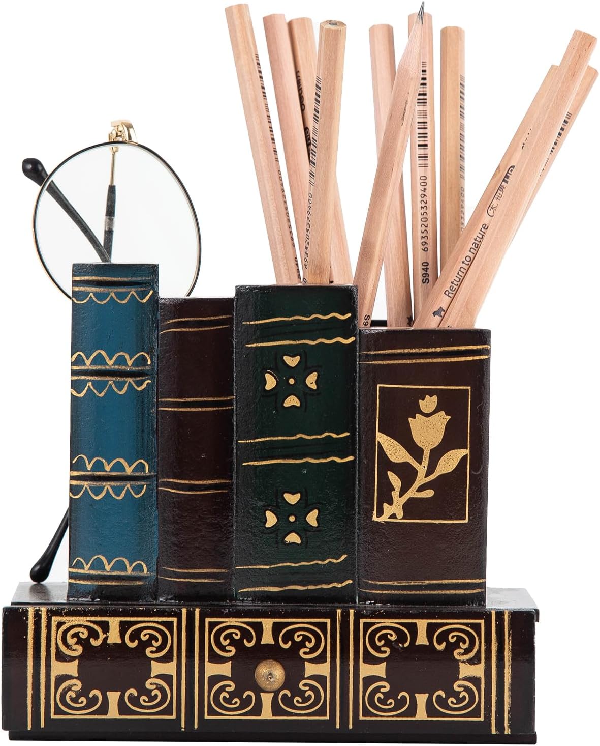 VERGOODR Decorative Pencil and Pen Holder with Storage Drawer, Wooden Desk Organizer Caddy, Antique Library Books Design Pen Cup for Office Supplies, Countertop, Desk,Table (Red)