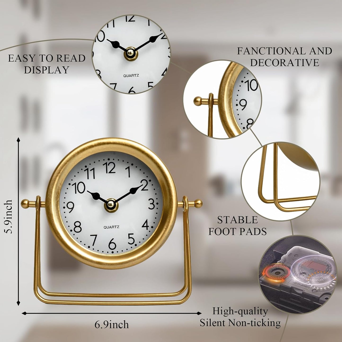Small Gold Desk and Shelf Clock, 6.9*5.9 Inch Retro Elegant Tabletop Clock with Glass Cover, Silent Non-Ticking Battery Operated Decorative Clock for Living Room, Office, Bedroom, Gift Idea