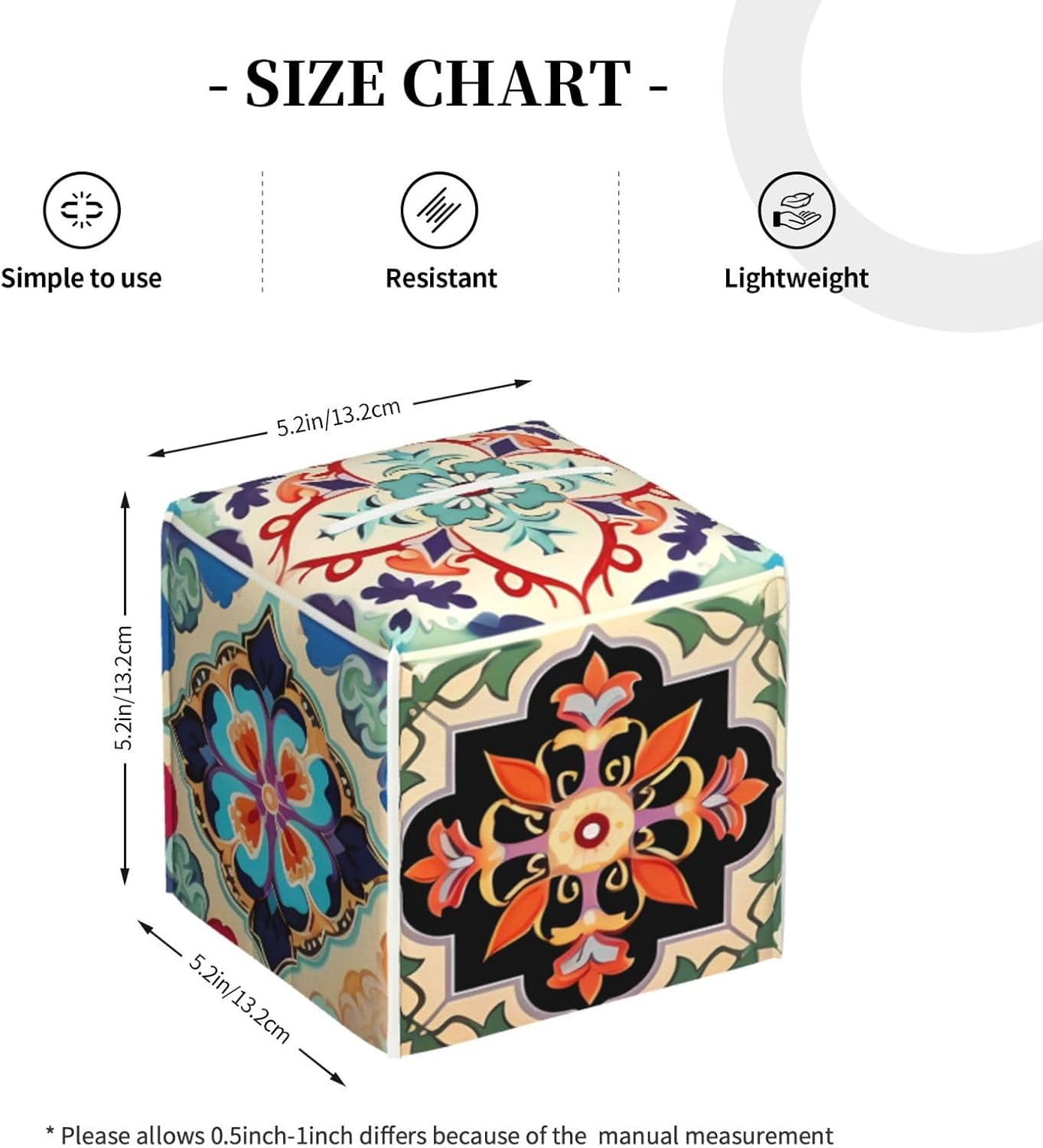 Tissue Box Cover Colorful Boho Ceramic Tile Square PU Leather Tissue Box Holder for Car Bathroom Bedroom Desk Tabletop Decor