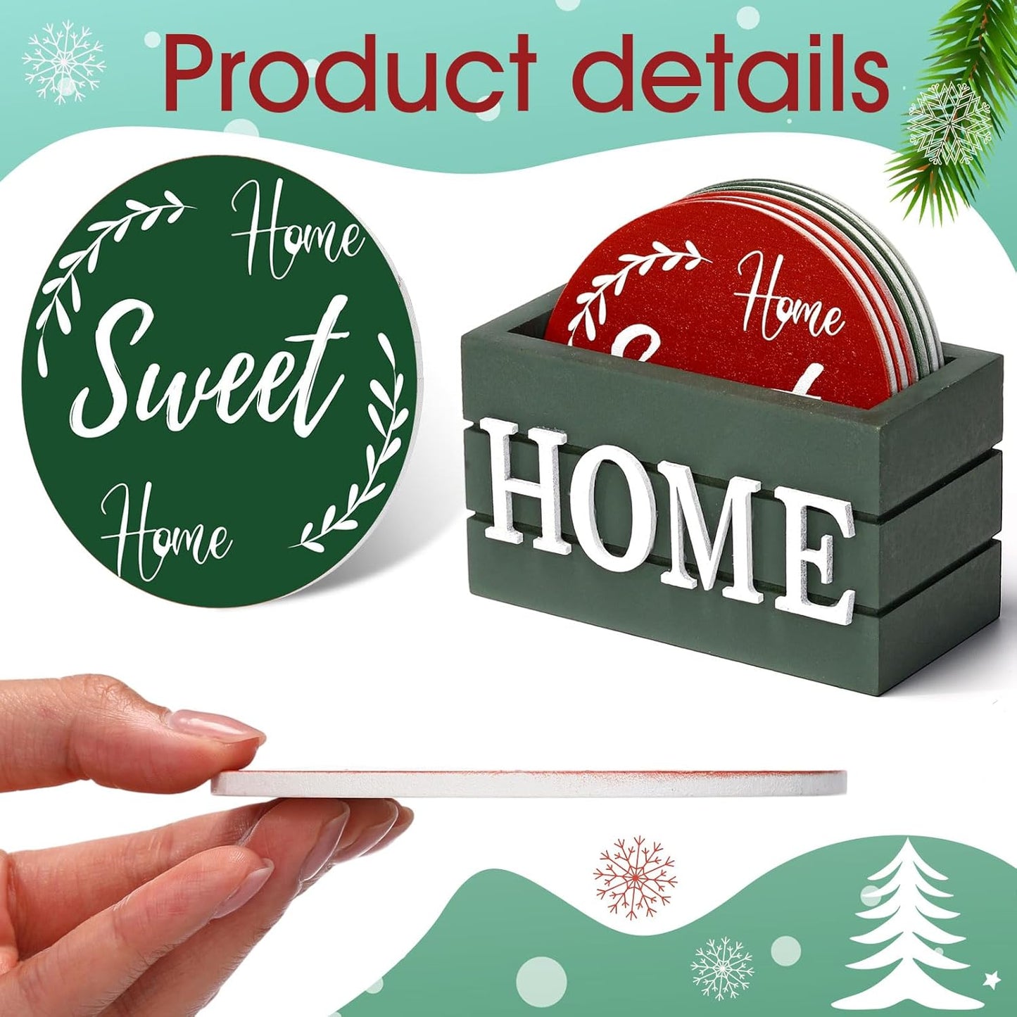 Queekay Housewarming Gifts for Home Decoration Wooden Heart Coasters for Drinks 6 Set Farmhouse Coasters with Holder Funny for Family Coffee Table Protection, 4''(Red,Green)