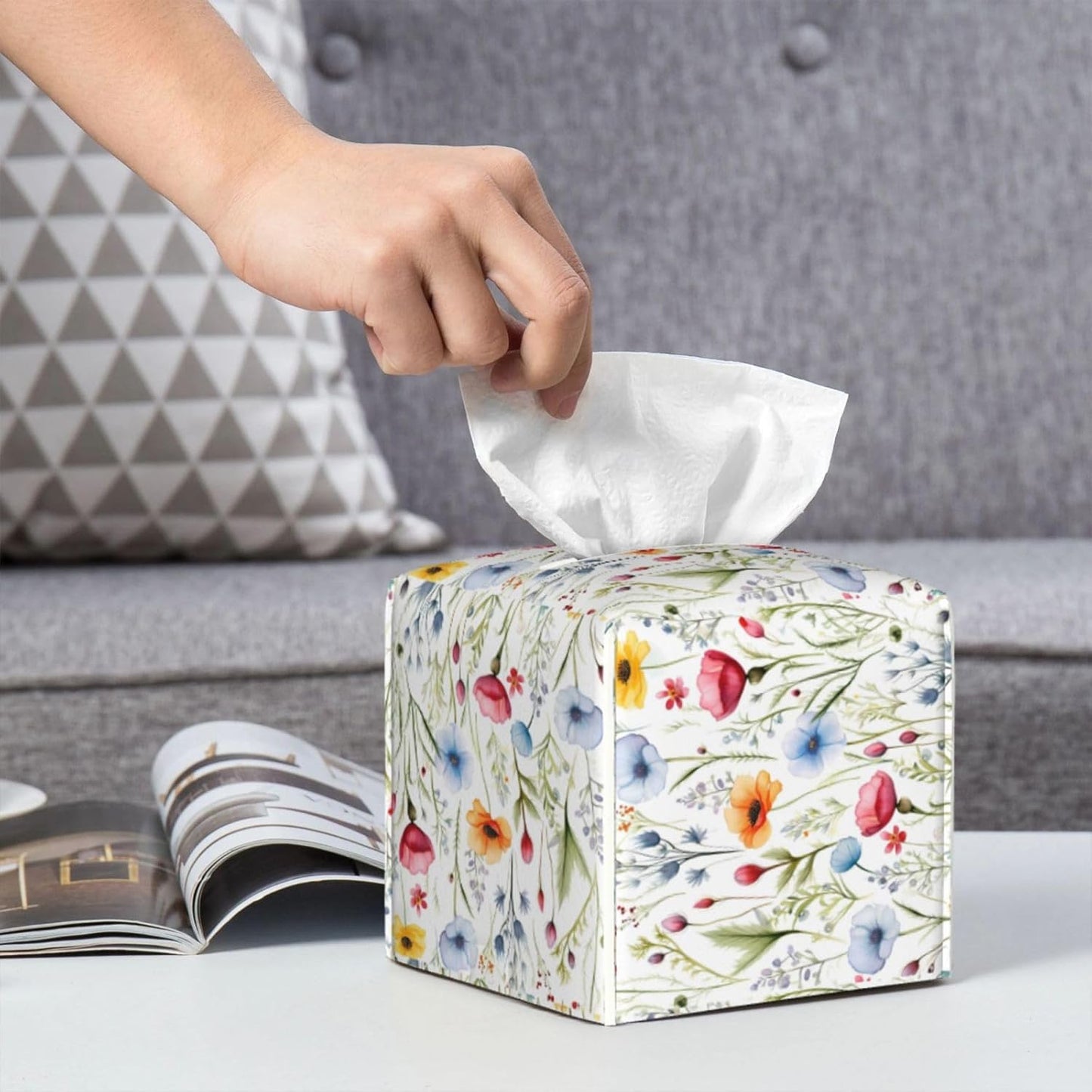 Tissue Box Cover Colorful Wildflower Floral Square PU Leather Tissue Box Holder for Car Bathroom Bedroom Desk Tabletop Decor