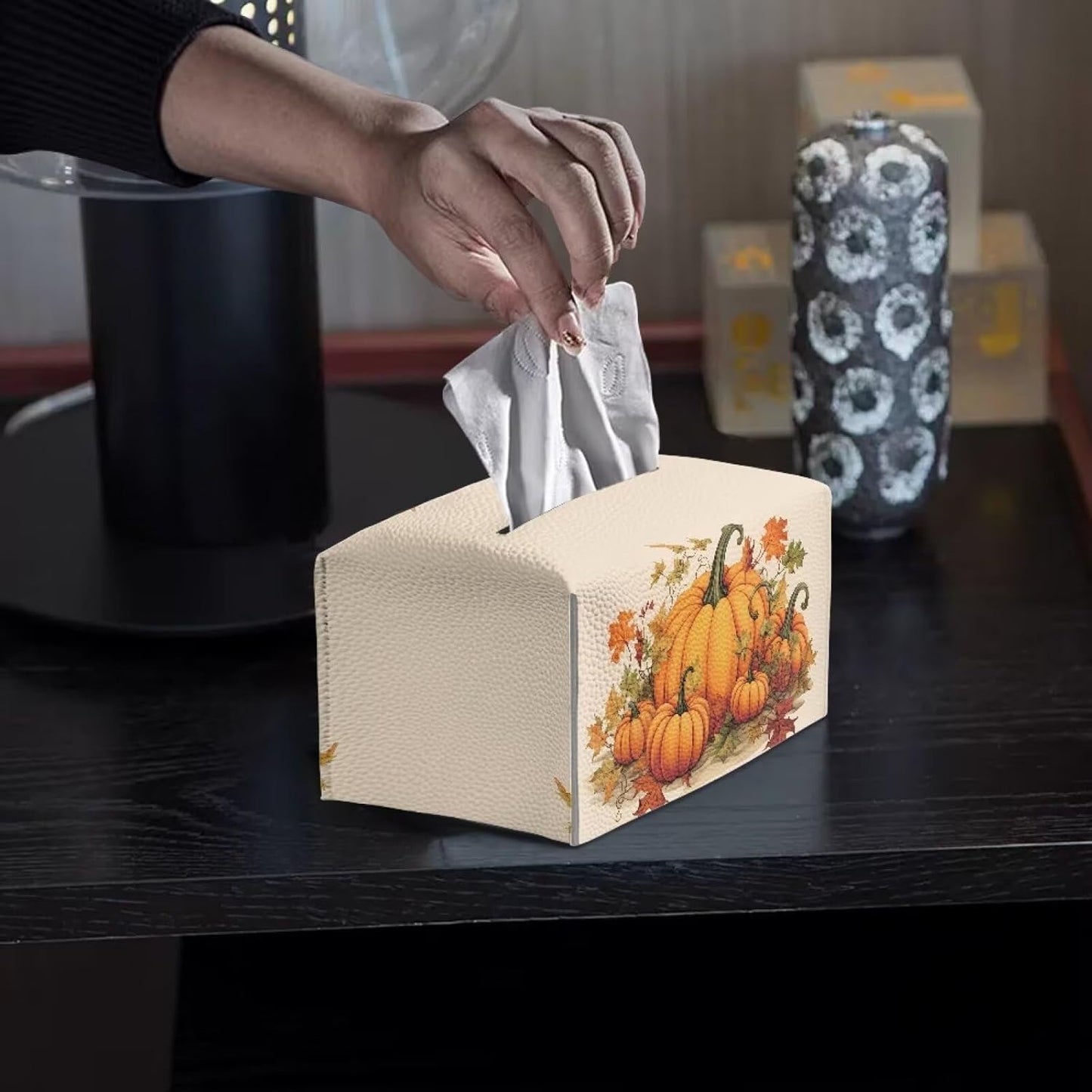 Fall Tissue Box Cover Rectangle with Storage Pumpkin Cute Design Tissue Box Covers Cube Tissue Box Holder for Car Bathroom Decoration Accessory Soft PU Leather