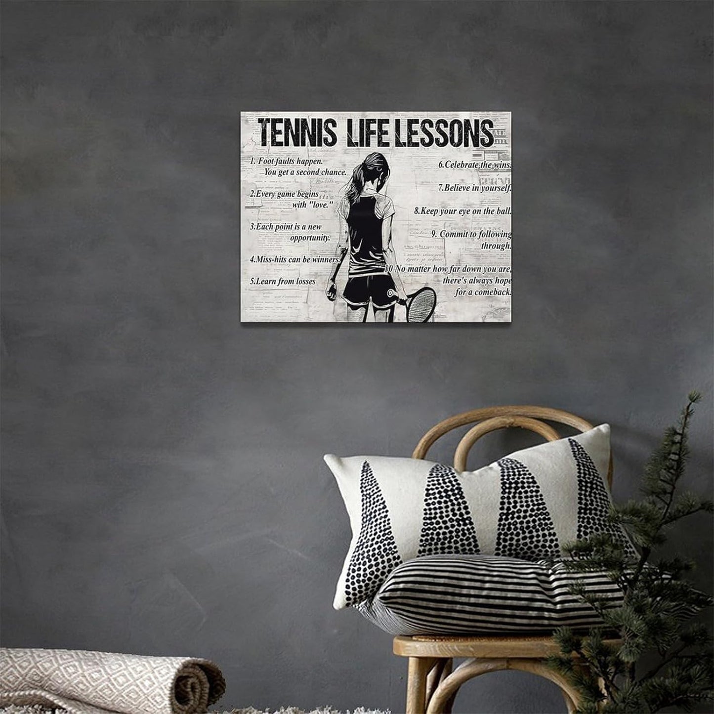 Tennis Sports Wall Art Tennis Life Lessons Wall Decor Tennis Sign Retro Poster Boy Girls Men Room Motivational Decorations Canvas Print Painting Artwork for Bedroom Bathroom Living Room 16"x12"