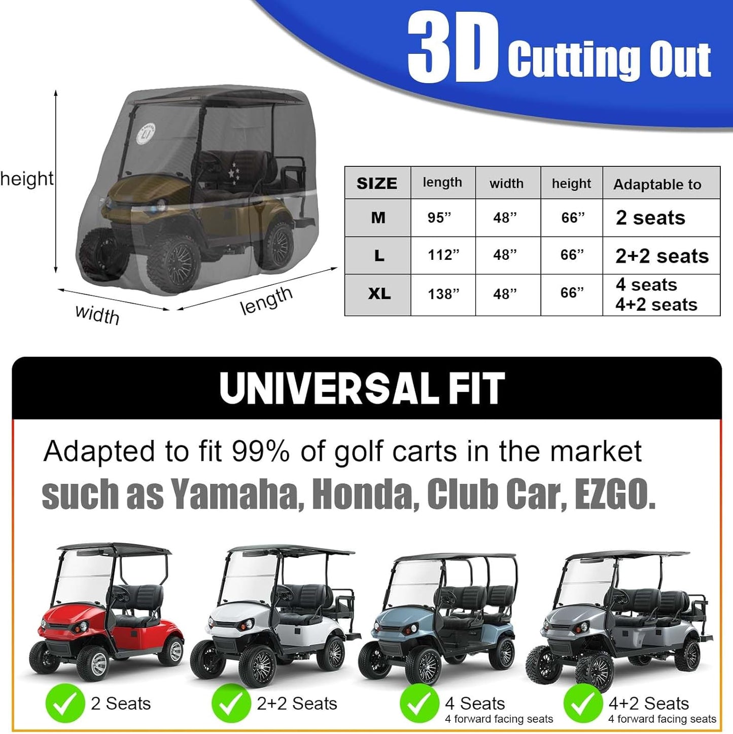Waterproof Golf Cart Cover, Heavy Duty Marine Grade Fabric, Universal Fits for Most Brand 2/2+2/4+2 Passengers Yamaha, Honda, Club Car, EZGO Golf Cart
