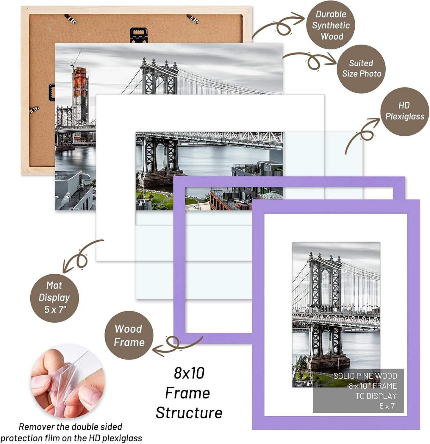 8x10 Picture Frames Solid Wood Display Pictures 5x7 With Mat or 8x10 Without Mat for Wall Mounting or Table Top (Purple)