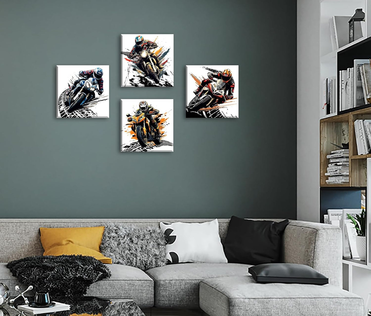 Motorcycle Wall Art Boys Room Decor Graffiti Motocross Posters Motorcycle Canvas Prints Pictures for Mens Cave Dirt Bike Lovers Bedroom Game Room Decoration Framed and Ready to Hang 12"×12" × 4 Pcs
