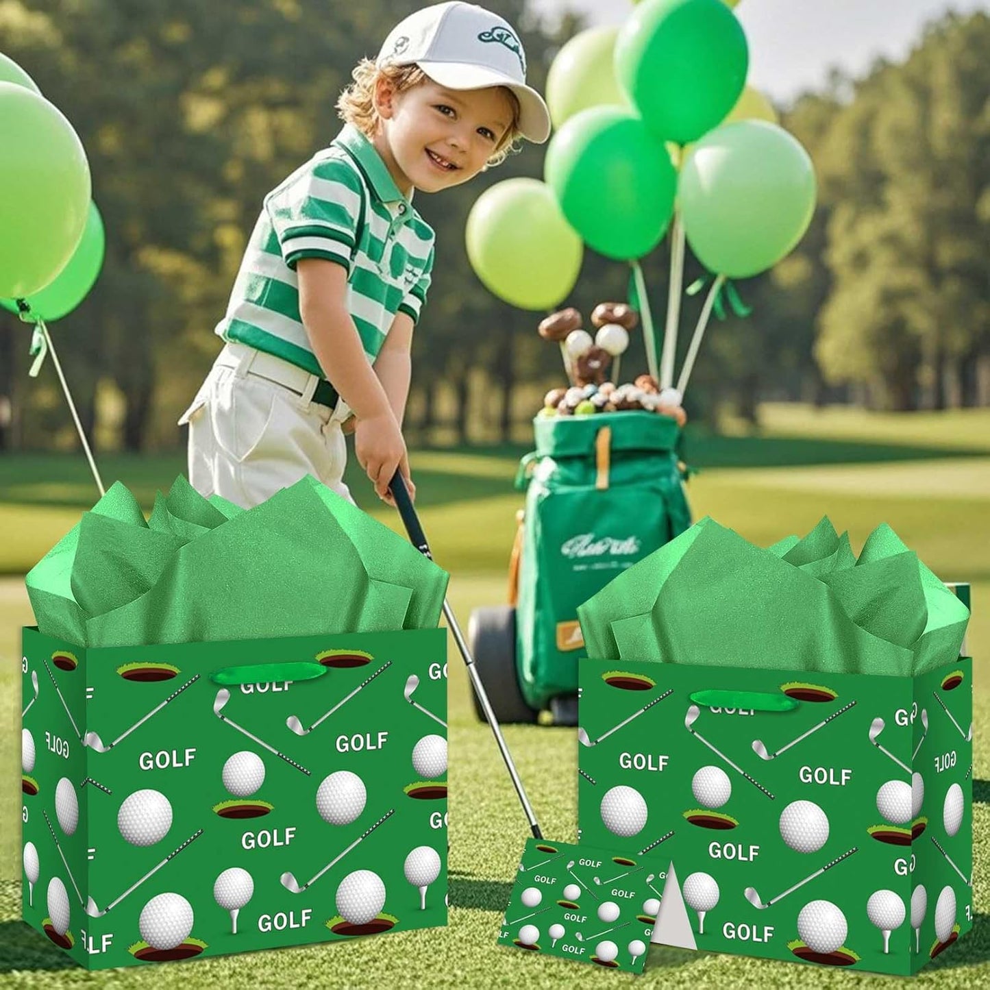 Golf Club Gift Bag, Green and White Golf Gift Bag with Card and Tissue Paper, Sports Theme Party Decor for Men, Fans, Birthday Party Supplies, Milestone Celebrations