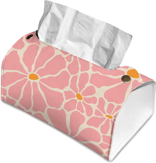 Pink Retro Groovy Flower Tissue Box Cover Holder – Rectangular Tissue Organizer, Decorative Napkin Box Case for Home, Office & Car