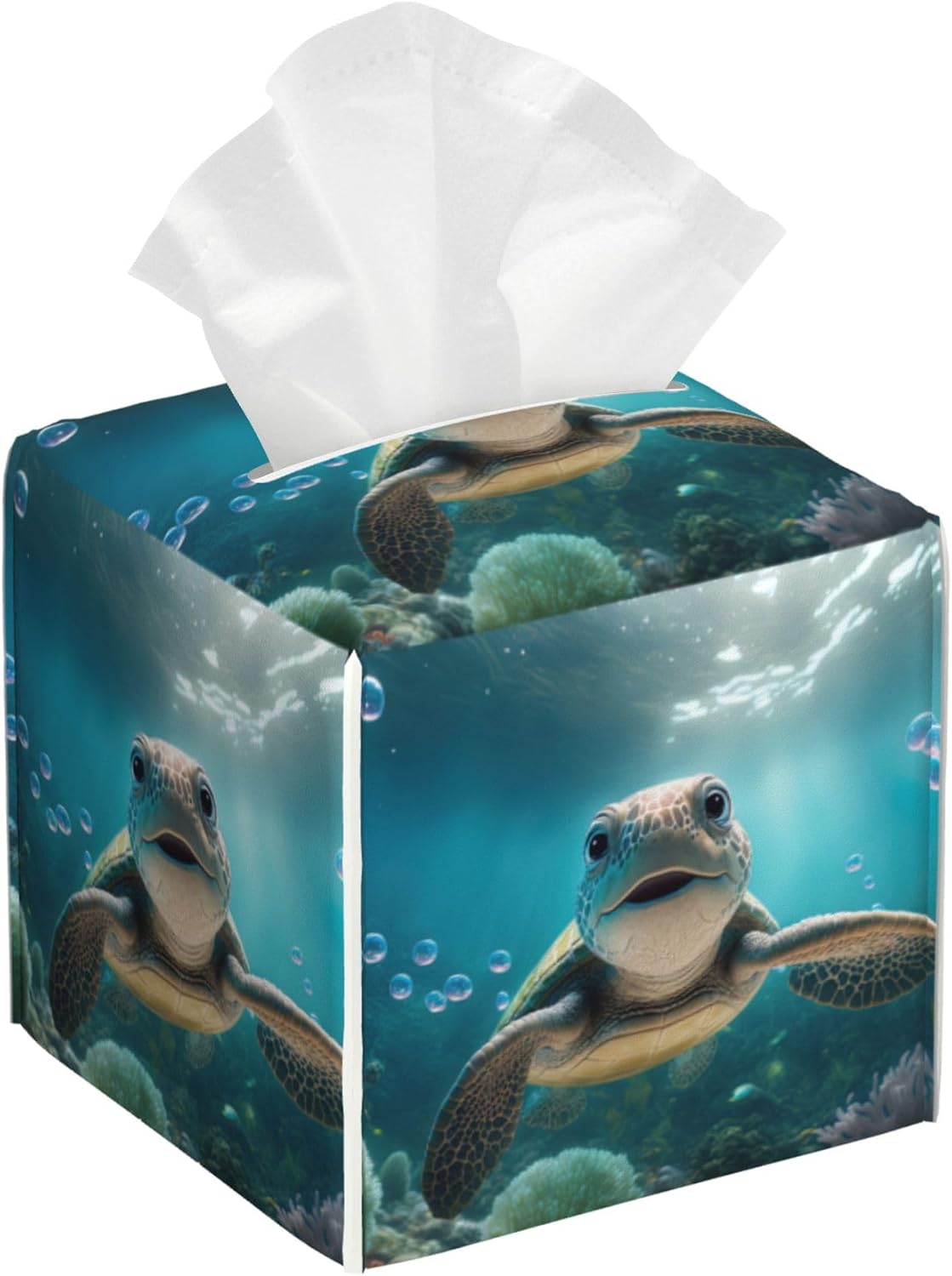 Cute Sea Turtle Tissue Box Cover Square, Blue Ocean Turtle Tissue Box Holder Waterproof Leather Facial Paper Organizer Dispenser for Bathroom Home Car Nightstand Vanity Desk