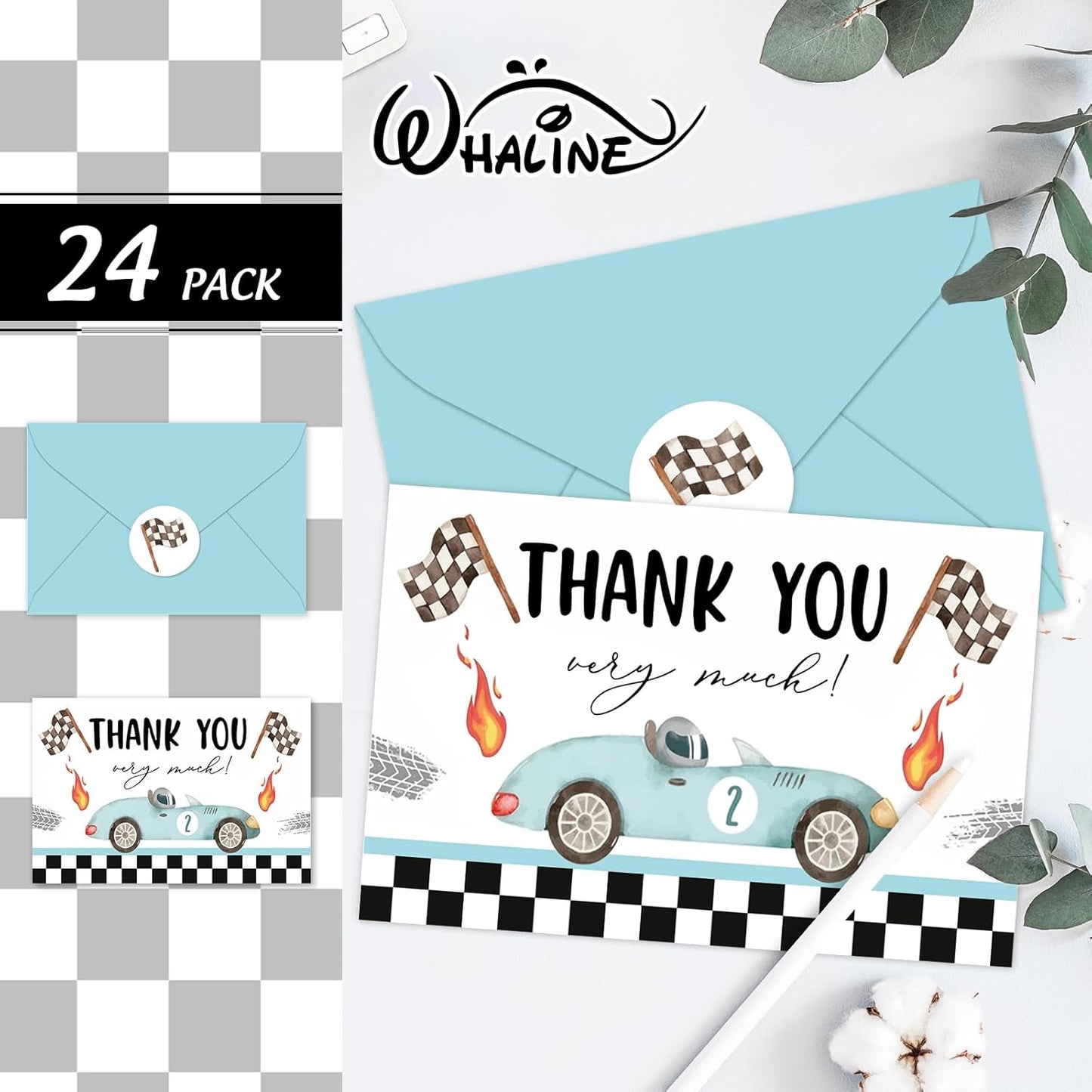 Whaline 24 Pack Race Car Thank You Cards Blue Racing Theme Note Cards with Envelopes Stickers Black White Plaid Greeting Blank Cards for Birthday Baby Shower