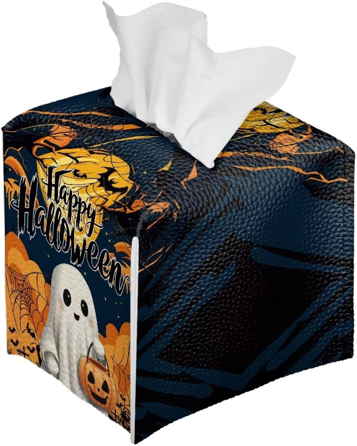Happy Halloween Tissue Box Cover PU Leather Tissue Box Holder 5x5x5 inch Waterproof Protective Cover Modern Home Car Office Hotel Decor