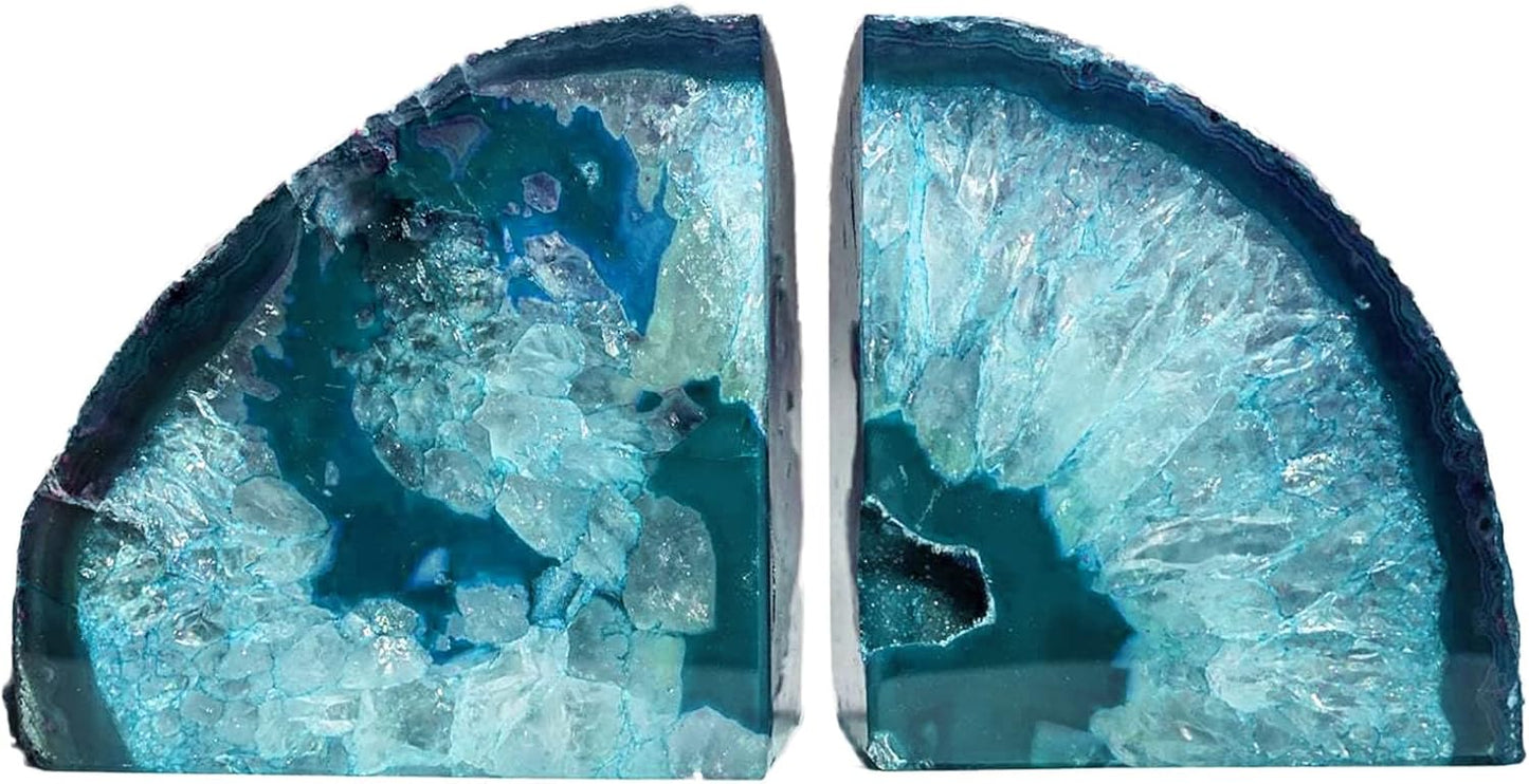 AMOYSTONE Teal Agate Bookends, Decorative Brazilian Crystal Quartz Book Stopper, 3-4 LBS with Non-Slip Mat, Perfect for Kitchen Cookbooks and Bookshelf Ends