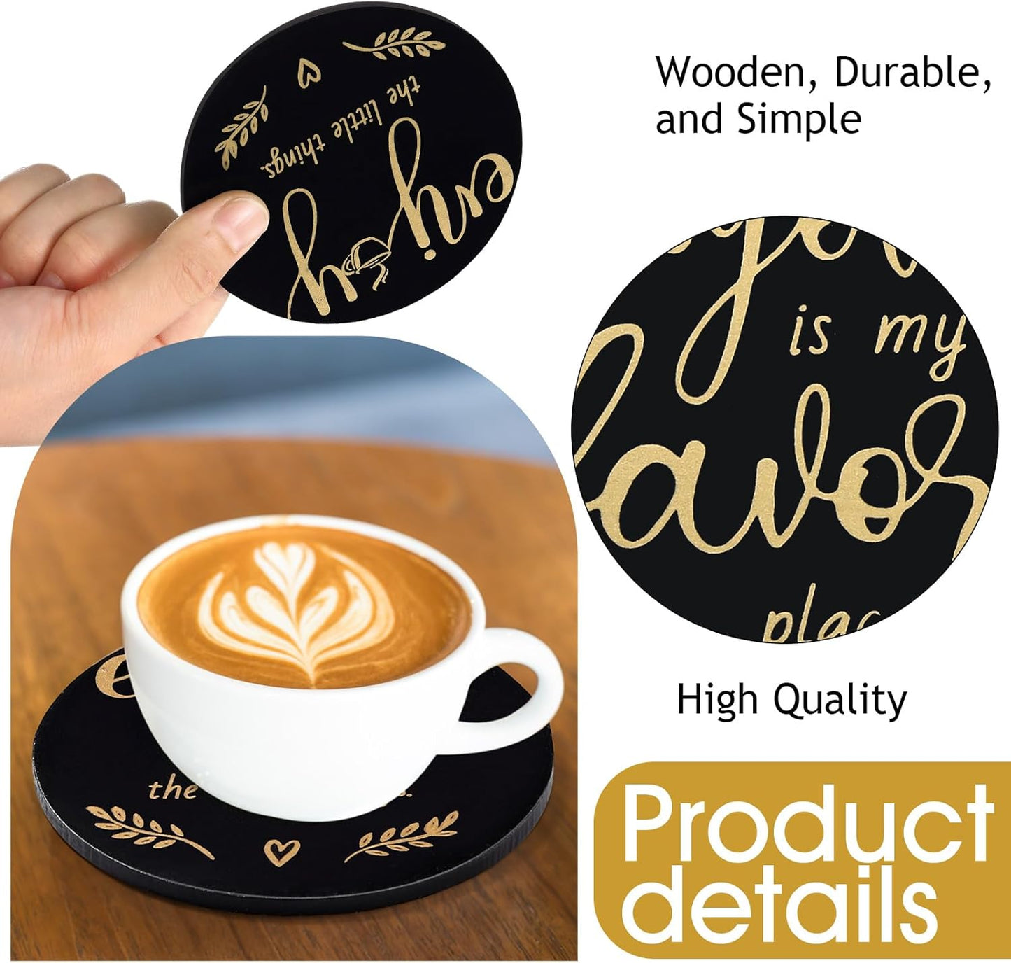 Queekay Housewarming Gifts for Home Decoration Wooden Heart Coasters for Drinks 6 Set Farmhouse Coasters with Holder Funny for Family Coffee Table Protection, 4''(Black Gold)