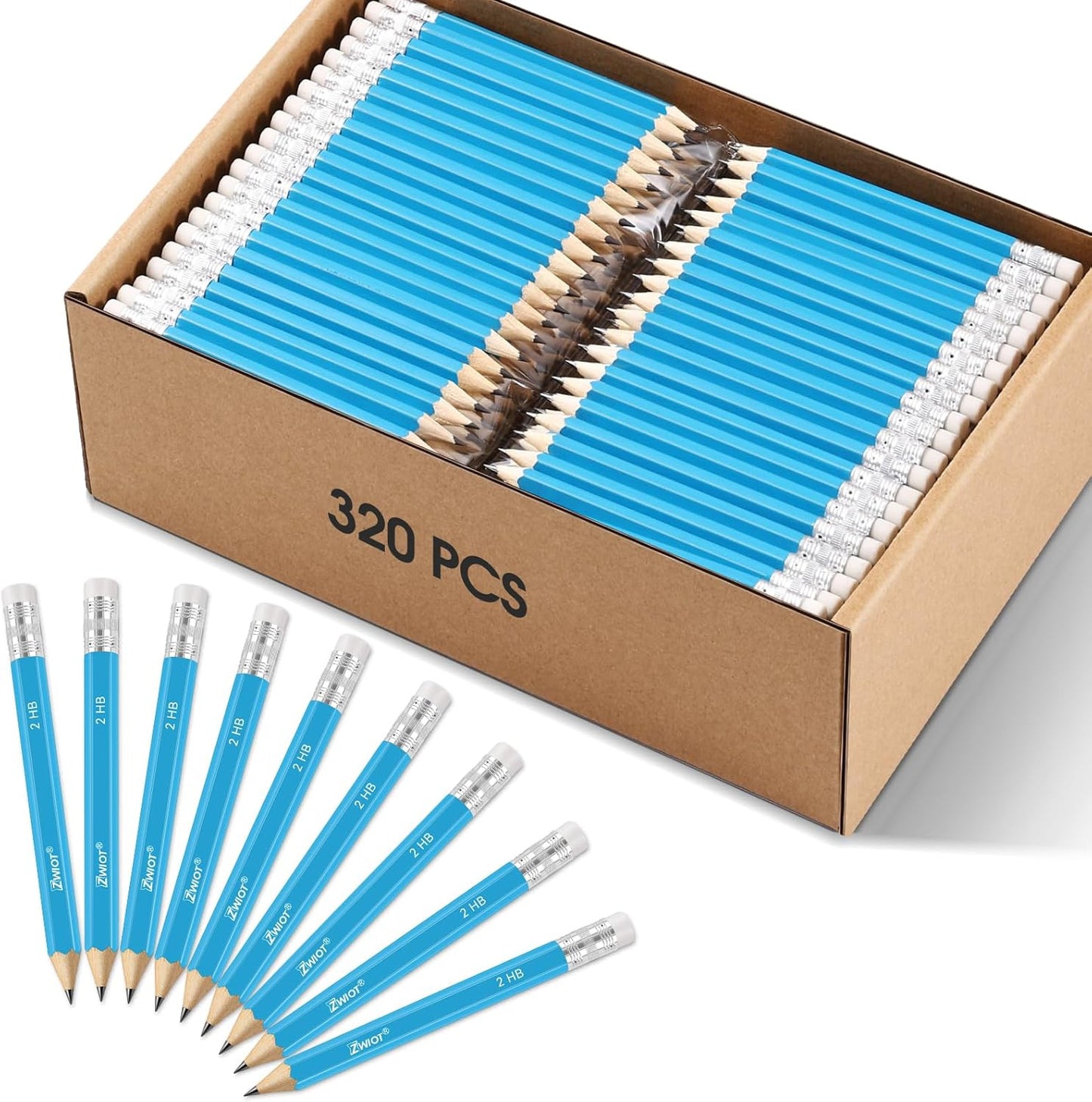 ZWlOT Golf Pencils with Eraser, #2 HB Half,4" Mini,Pre-Sharpened,120/200/320 Count Pencils Wood Cased Short for Classroom, Office, School, Wedding and Party Game (Blue,Mini, 320)
