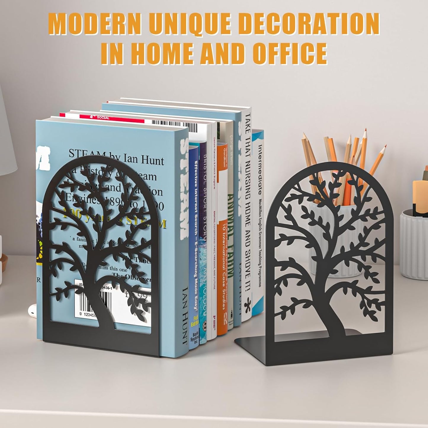 VFINE Bookend 3 Pairs, Decorative Book End, Bookends for Shelves, Desktope Book Ends, Book Stopper to Hold Books, Unique Black Metal Tree Book Holder for Home Office