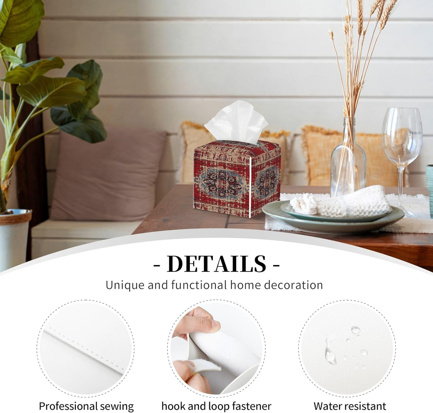 Tissue Box Cover Square, Vintage Boho Carpet Rug Leather Tissue Box Holder Decorative Organizer for Bathroom, Home Office Car Decor