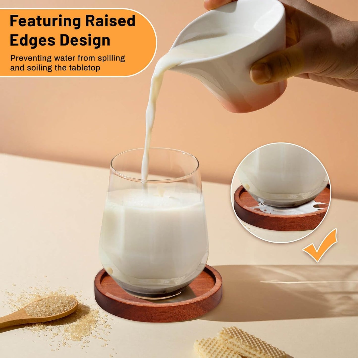 Mckanti Wooden Coasters Set of 6 with Holder, Acacia Wood Drink Coasters for Farmhouse, Patio, Bar Decoration