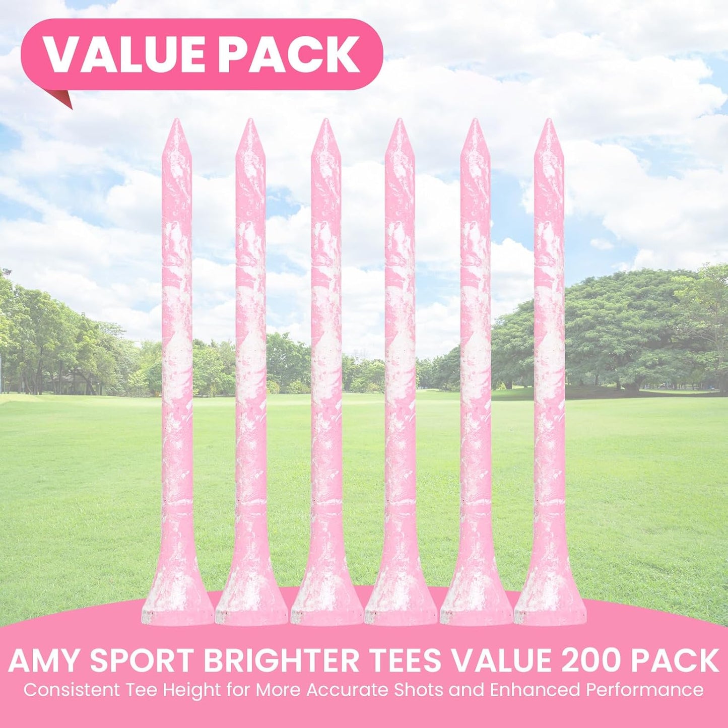 Amy Sport Golf Tees Styllish Bamboo Wooden Coloured Painted Bulk 200 Pack 1 1/2 3 1/4 2 3/4 Inch Tee, Enhanced Visibility Color Purple Pink Green Blue, Practice for Men Women