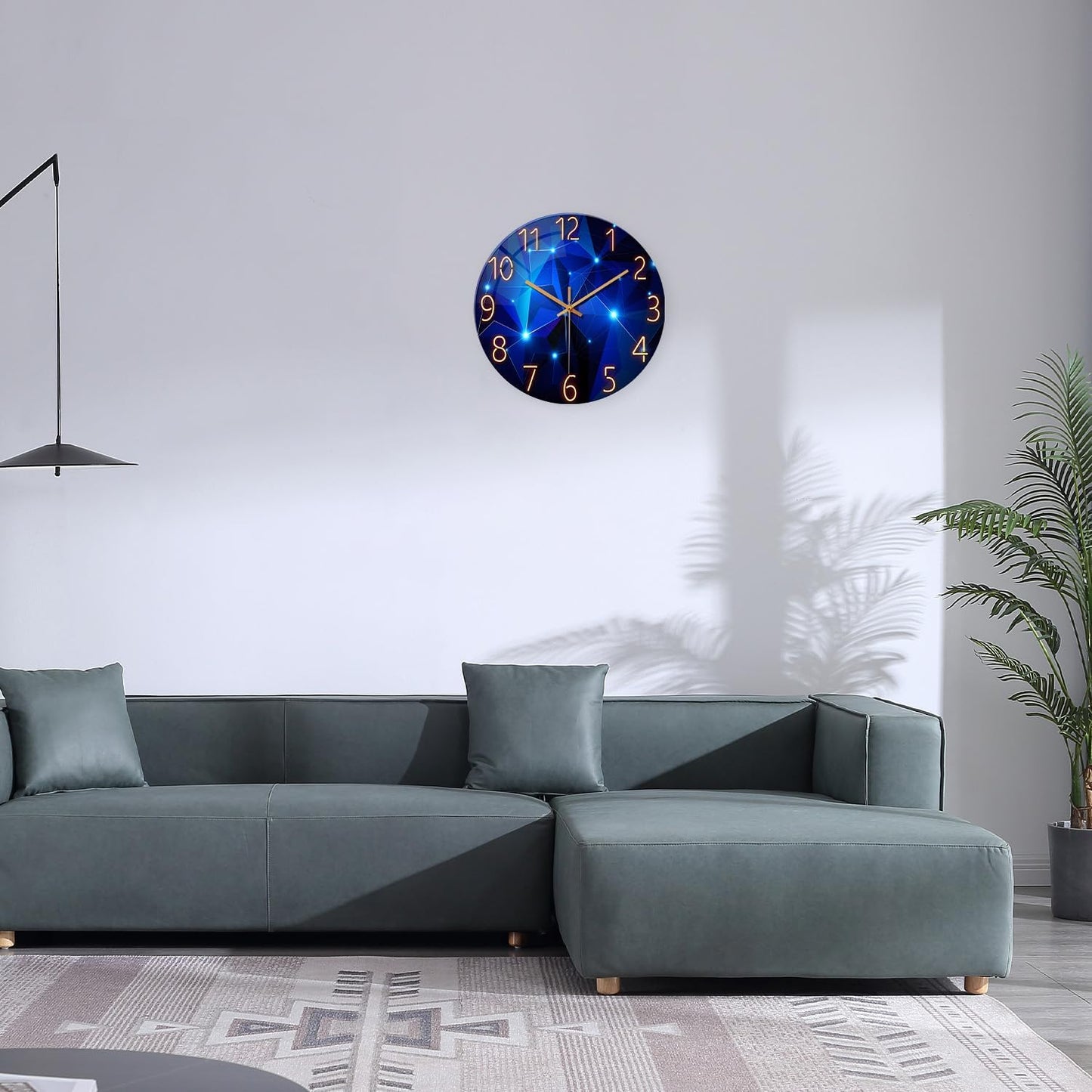 Blue Wall Clock Battery Operated 14 Inch Modern Wall Clock Non Ticking Glass Clock for Living Room