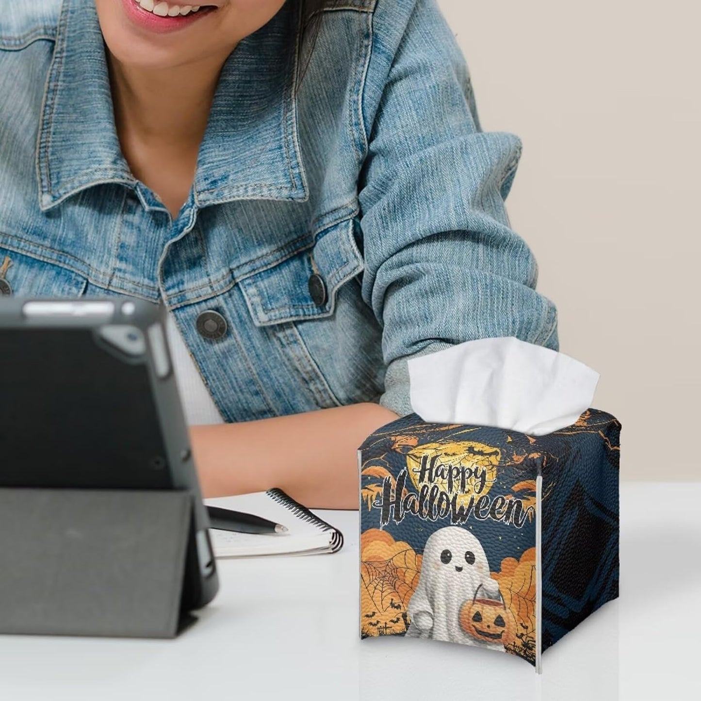 Happy Halloween Tissue Box Cover PU Leather Tissue Box Holder 5x5x5 inch Waterproof Protective Cover Modern Home Car Office Hotel Decor