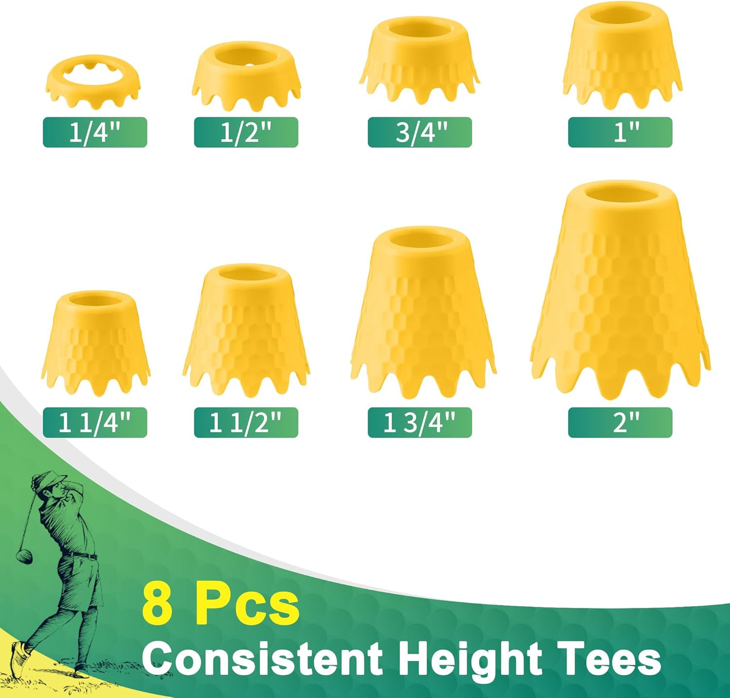 8 Pack ‌Simulator Golf Tees, TPU Unbreakable Material, Height from 1/4" to 2", Suitable for Indoor, Outdoor, Winter, Golf Mats, Turf and Driving Range