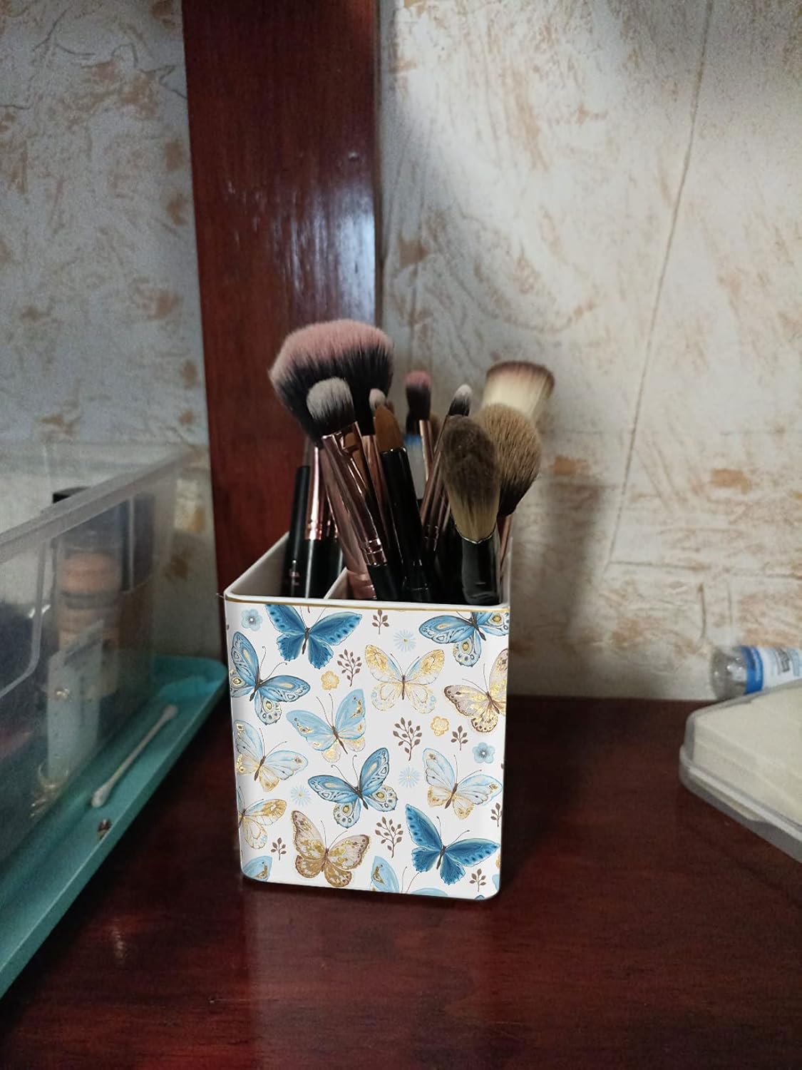 Pen Pencil Holder, Makeup Brush Holder,Ceramic Remote Control Holders Organizer with 2 Compartment Floral Multi-functional Office Organizers Storage Caddy Desk Tv Remote Holders Shiny Butterfly