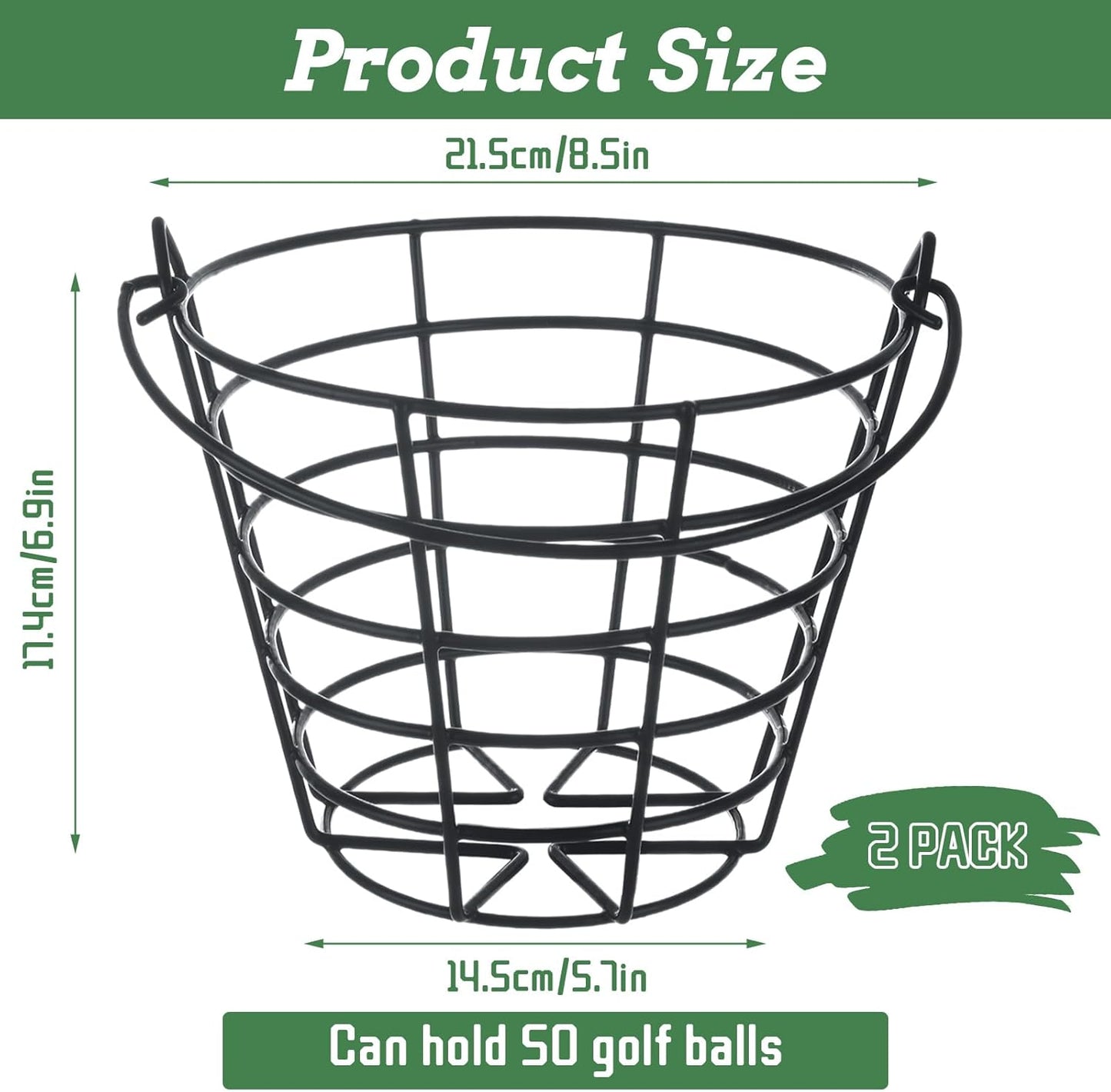 2 Pack Golf Ball Basket with Handle - Large Metal Golf Ball Bucket Storage Container Holds 50 Balls Each - Heavy Duty Golf Ball Carrier & Organizer for Driving Range, Practice, Course