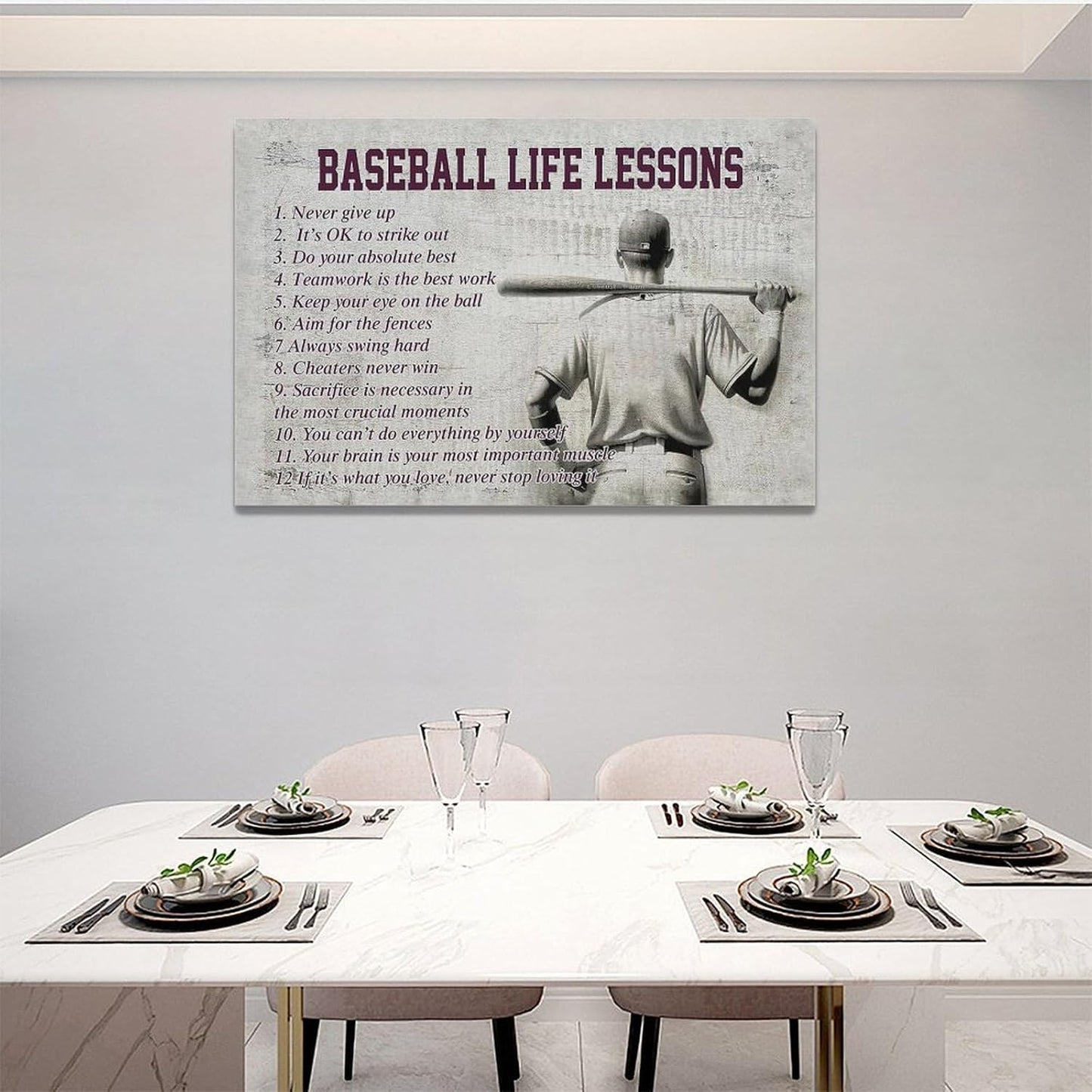 Baseball Sports Wall Art Baseball Life Lessons Wall Decor Baseball Sign Retro Poster Boy Men Motivational Decorations Canvas Print Painting Artwork for Bedroom Bathroom Living Room Gym 24"x16"