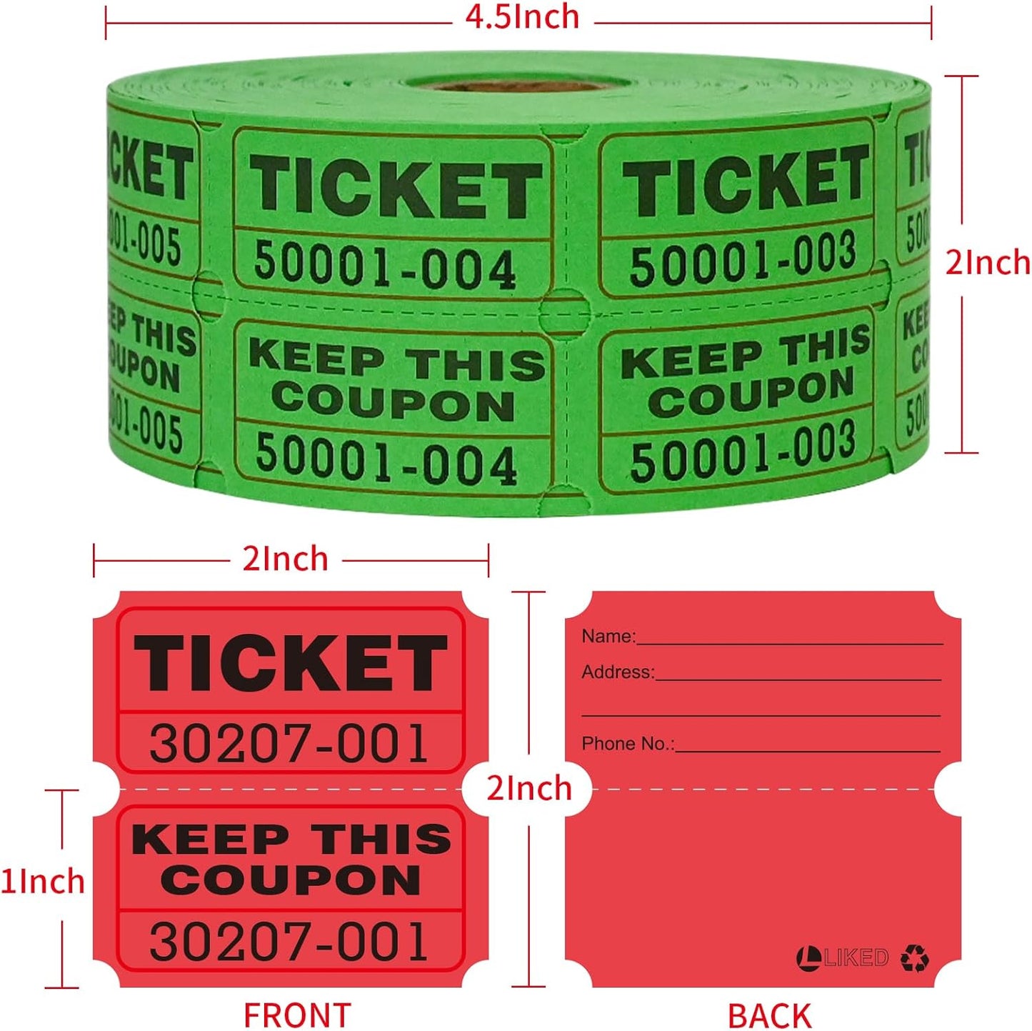 L LIKED 2000 Raffle Tickets Double Rolls 50/50 Stub Tickets with Consecutive Numbers 1000 Pairs per Roll,2 Rolls-Green,Red
