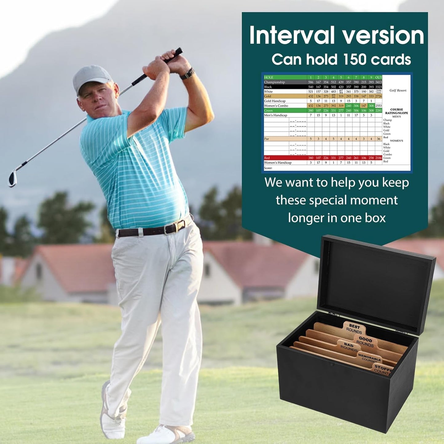 Golf Scorecard Collection Box, Golf Storage Box With 5 Wooden Dividers, Scorecard Keeper For Keepsakes Cards Club Storage Score Book Pencil Log, Unique Golf Gift (Black)