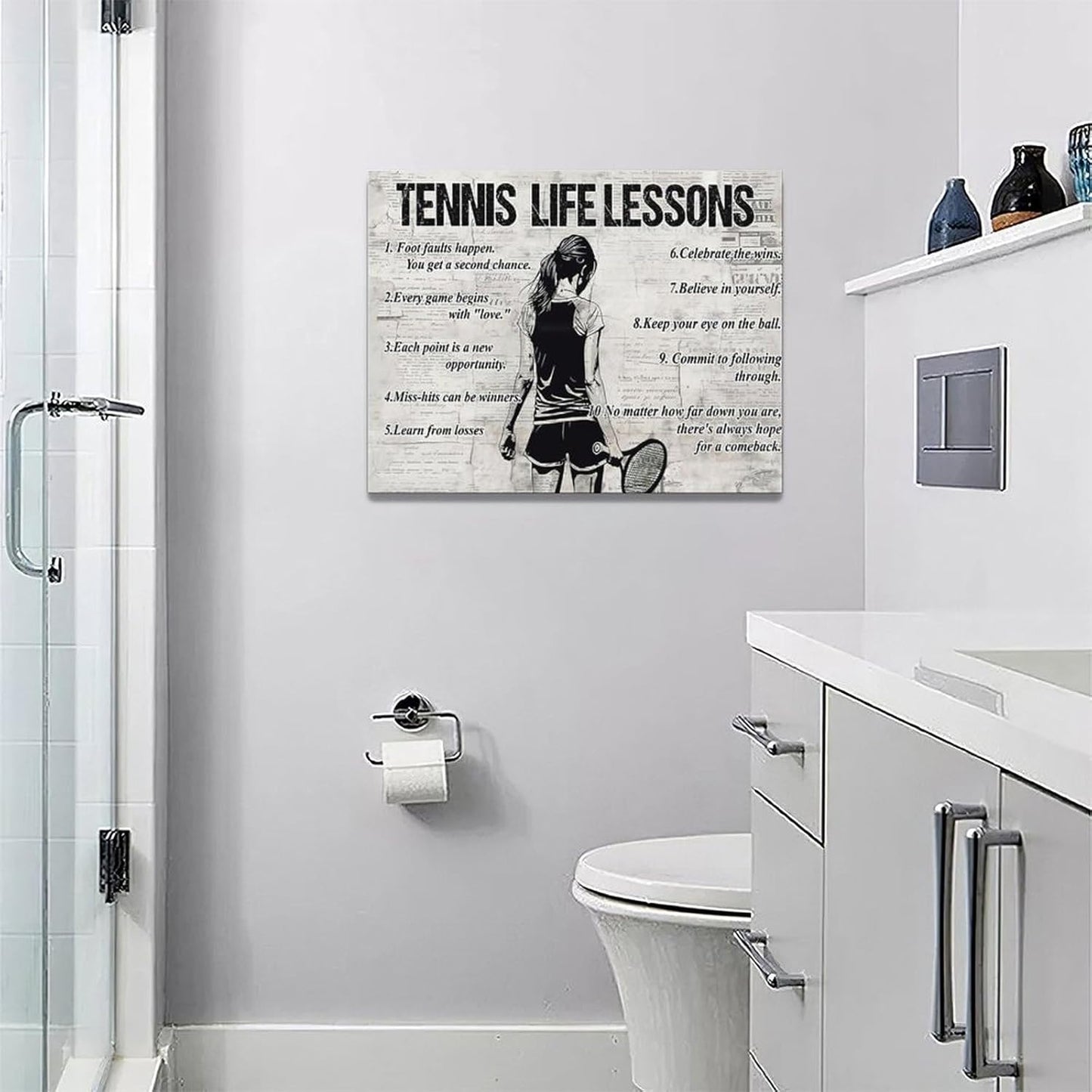 Tennis Sports Wall Art Tennis Life Lessons Wall Decor Tennis Sign Retro Poster Boy Girls Men Room Motivational Decorations Canvas Print Painting Artwork for Bedroom Bathroom Living Room 16"x12"