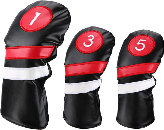 Golf Head Covers 3pcs Set, Driver Fairway Wood Headcovers, Vintage PU Headcovers for Golf Club