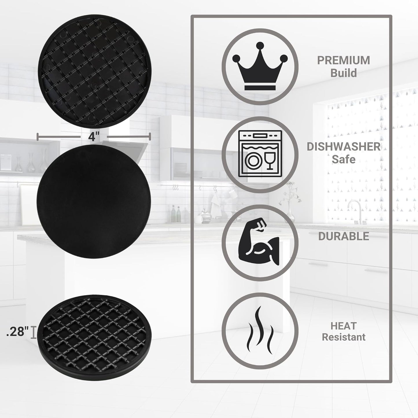 Ultimate Drink Coasters with Holder,[4 Pack] Drinking Coasters - Cup Coaster for Hot or Cold Drinks, Durable, Non-Slip, Non-Stick, Black (Black)