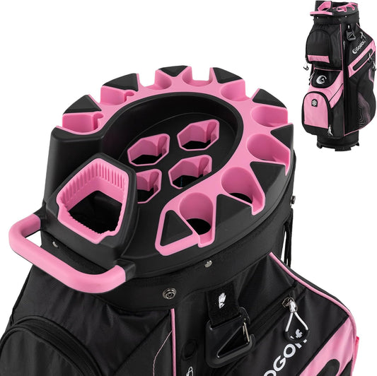 Tangkula Golf Cart Bag with 14-Way Full Length Dividers, 6 Molded Lock Top Golf Club Bag with 11 Pockets, Cooler Bag, Padded Strap, Handles, Umbrella Holder & Rain Hood
