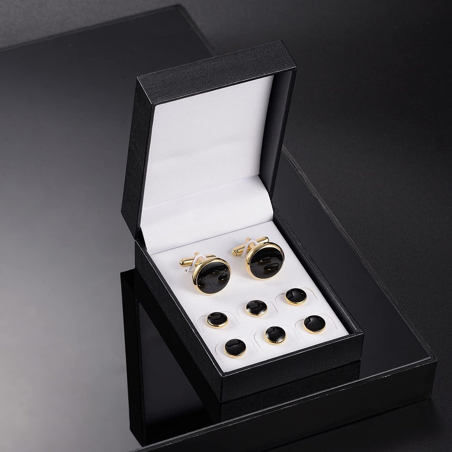 UJOY Cufflinks and Studs Set Blanks Round 4 Colors Shirt Tuxedo Buttons Packed in Cufflink Box for Men