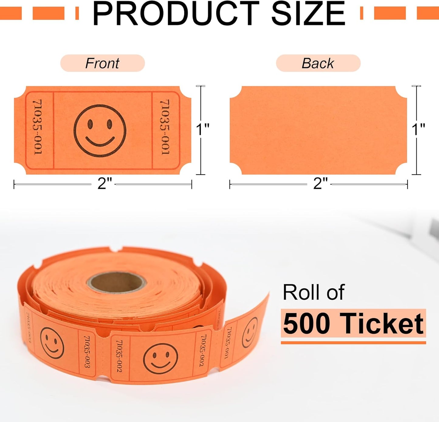 L LIKED 500-Count Smile Raffle Tickets-1"x2" Single Roll Raffle Tickets -Orange (6 Color Selection),Easy-Tear Consecutive Numbered Tickets Ideal for Events, Carnivals, School Rewards & Prize Drawings