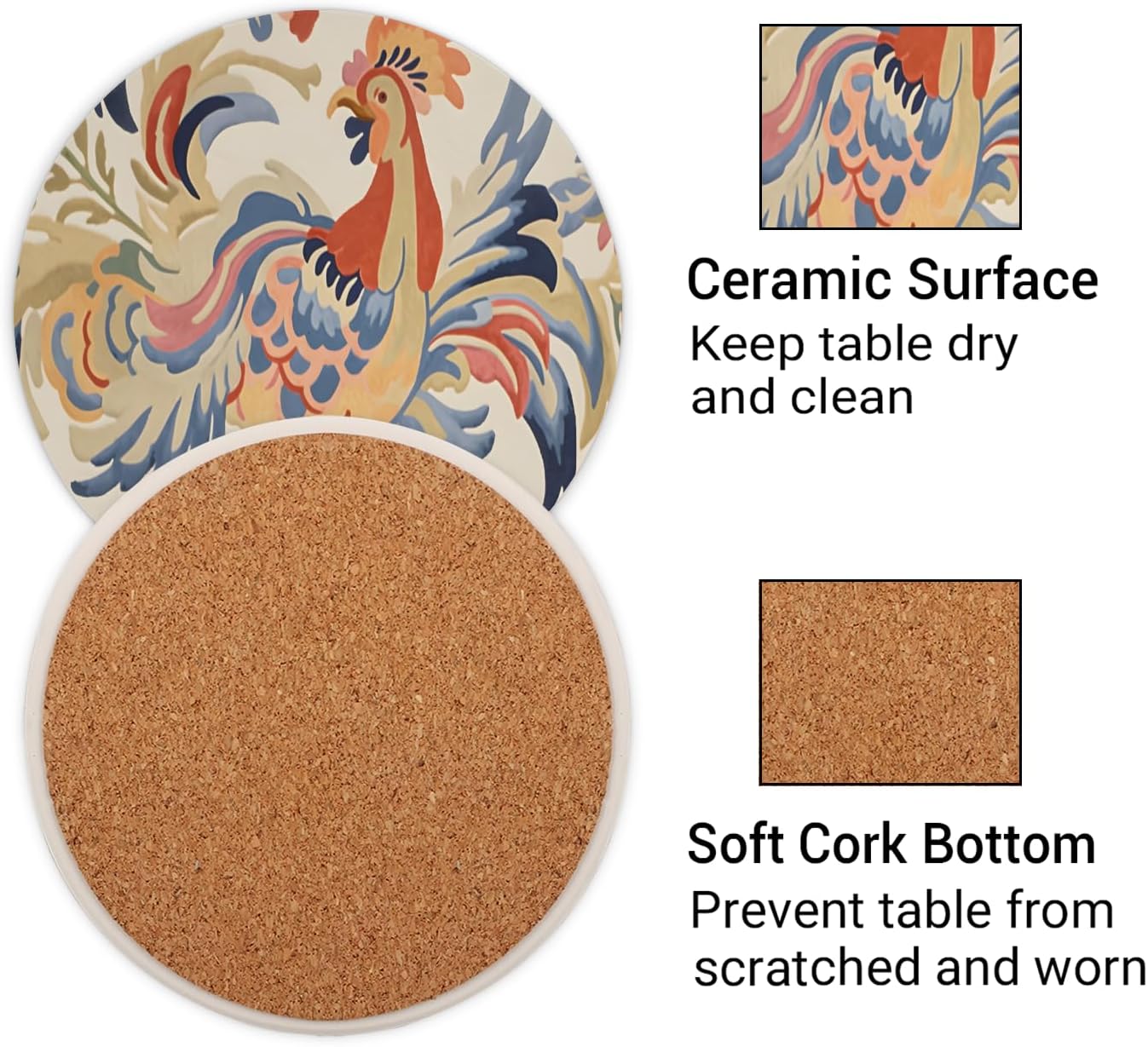 Ceramic Coasters for Drinks with Cork Back, Colorful Rooster Art 4 Inch Absorbent Coaster Set 1 Pack, Quick Dry Non-Slip Coaster Mats for Home, Office, Bar