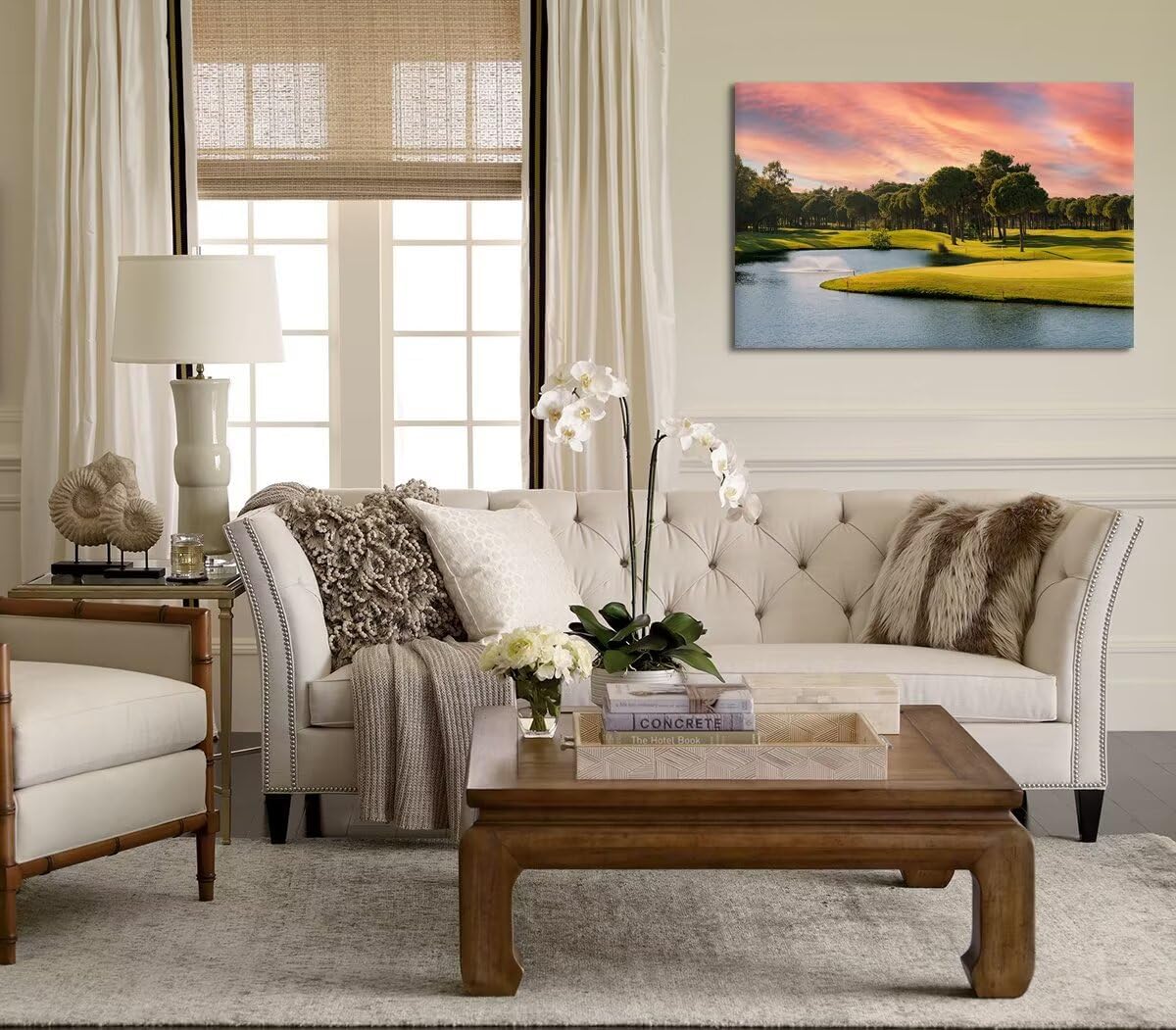 Sunset Golf Course Wall Art for Living Room Bedroom Bathroom Home Decorations Golf Course Picture Poster Print on Canvas Modern Artwork Framed Ready to Hang(24''H x 36''W)