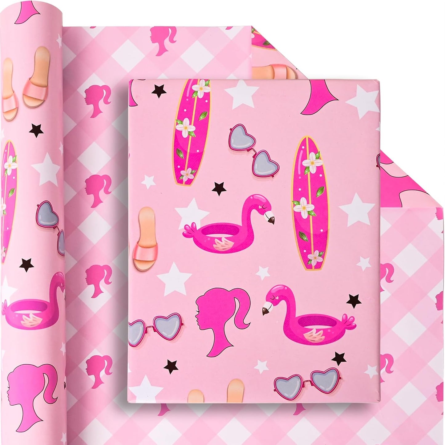 Vnaaem Reversible Girl Princess Wrapping Paper Roll for Girls Women - Pink Birthday Gift Wrap with stars, Plaid for Holiday Baby Shower Wedding Bridal Shower DIY Craft Party - 17 in x 20 ft(Total 28.5sq.ft)