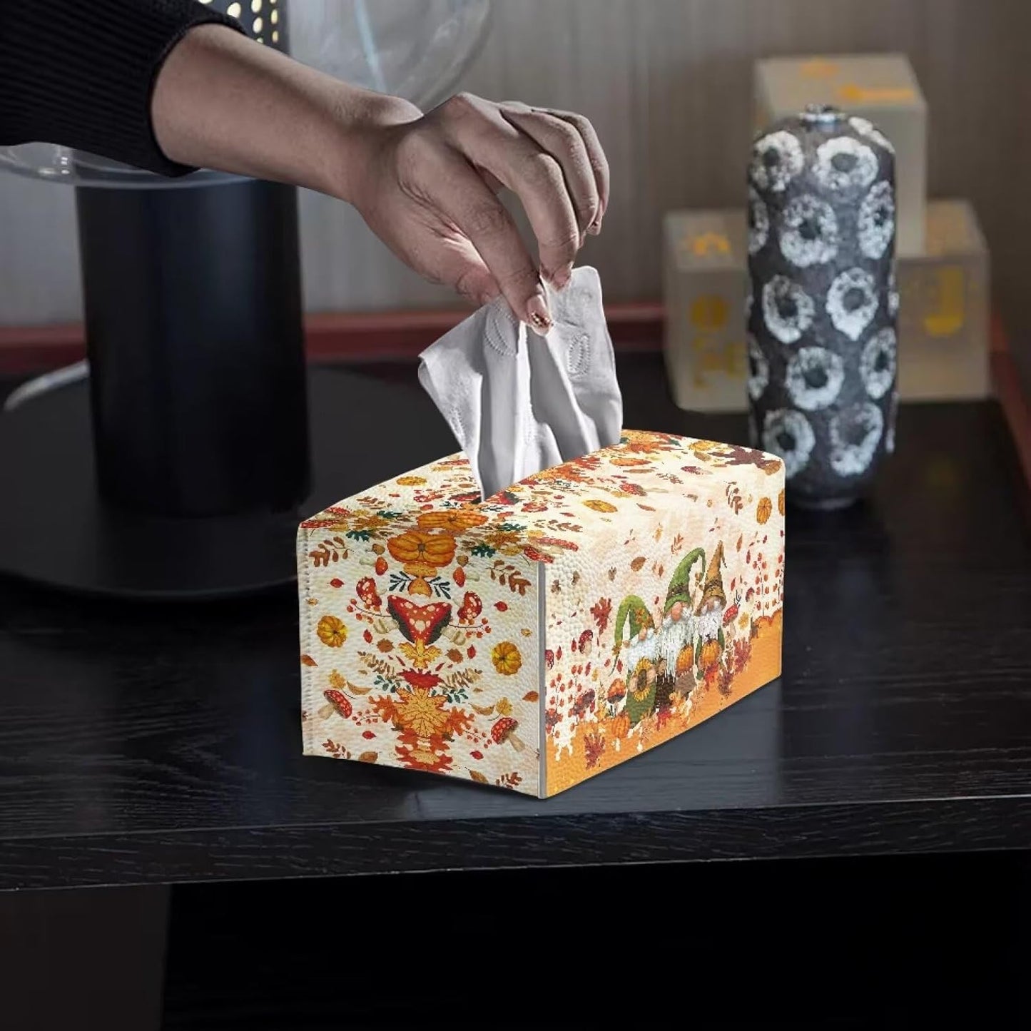 Thanksgiving Elf Pumpkin Leather Tissue Box Cover Maple Leaf Print Large Capacity Design Stain-Resistant PU Leather Rectangle Tissue Holder Fall Bathroom Decor 9.7"x5.2"x5.12"