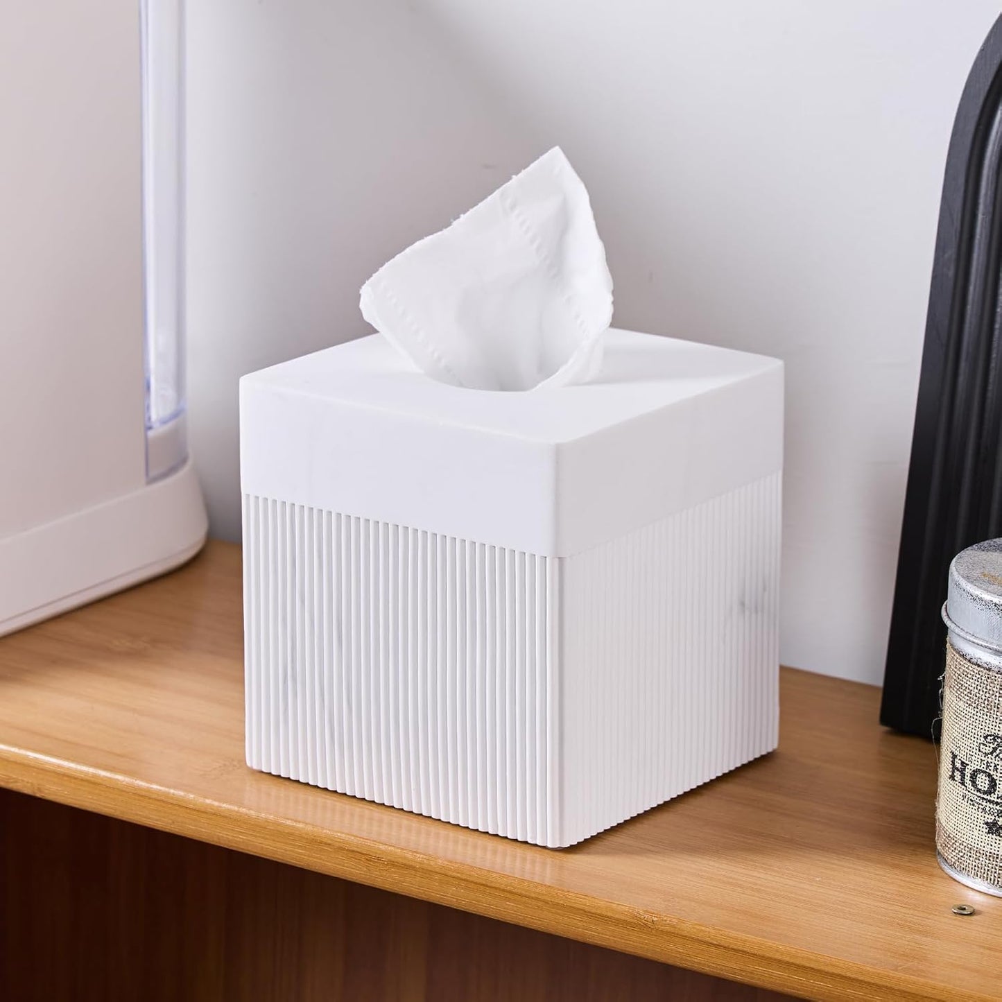 White Tissue Box Cover Square Resin Tissue Holder for Home Decor, Hand Poured Marble Ribbed Cube Tissue Box Holder – 5.5 Inch Heavy Duty Luxury Tissue Box Case for Bathroom, Living Room, Office