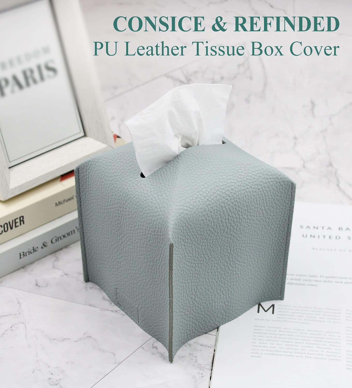 Livelab Tissue Box Cover Holder, Square Modern Decoration PU Leather Facial Tissues Case Roll Paper Dispenser for Bathroom Vanity Countertop, Night Stands, Office Desk Car 5X5X5'' | Water Blue