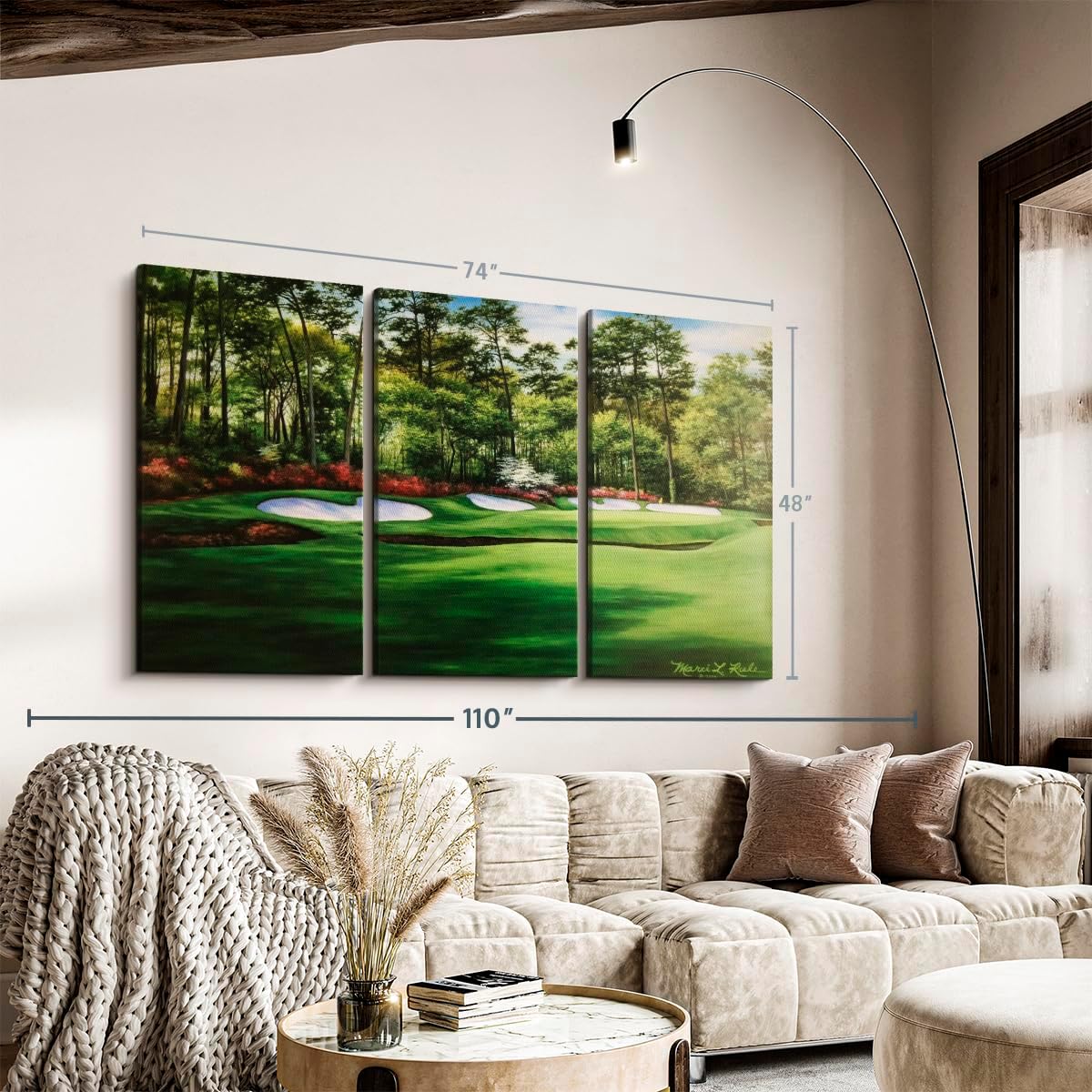 ElephantStock Augusta National 13th Hole I Wall Art - Horizontal Canvas - 3-Piece Living Room Wall Decor - Painting Sports Canvas Print - Green and Red Decor for Wall by Marci Rule - 74" X 48"