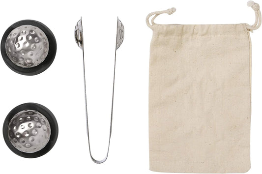 Outset Stainless Steel Whiskey Stone Set, 2 Golf Ball Chillers with Tongs and Storage Bag